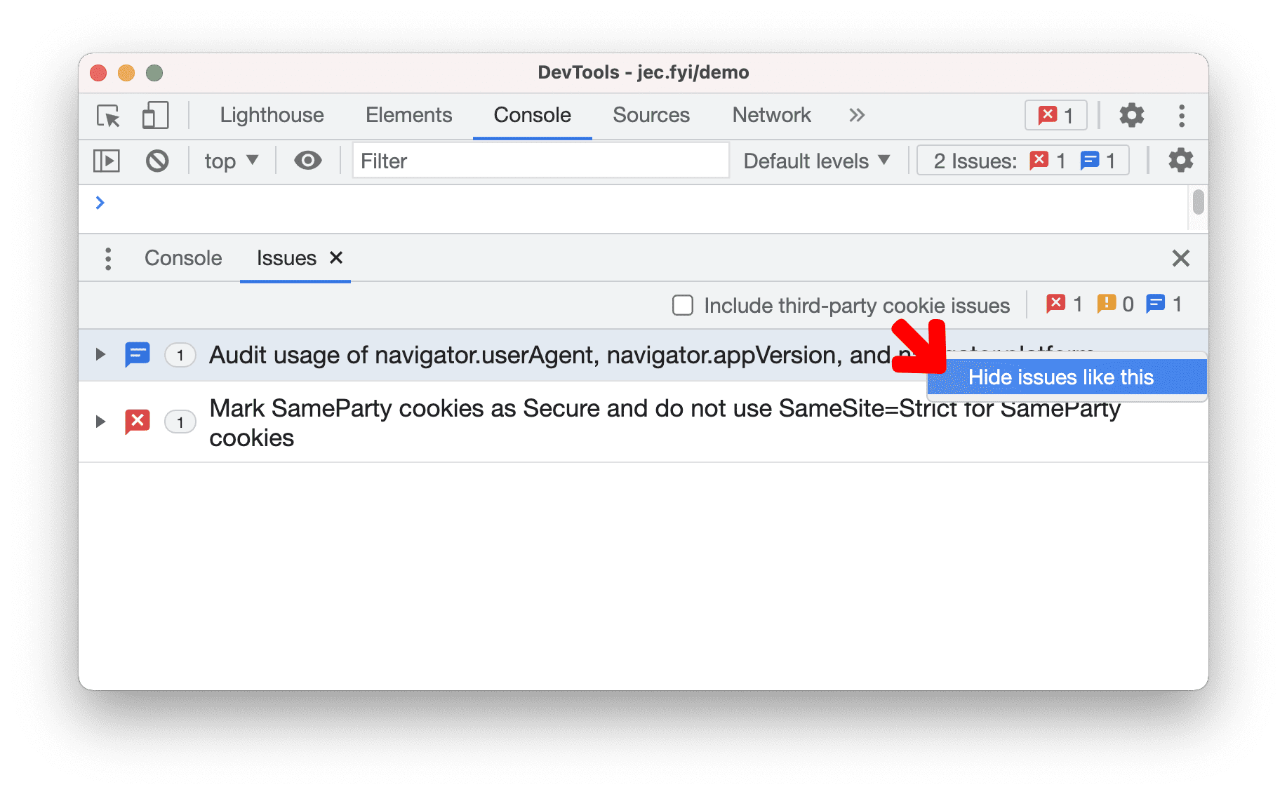 試験運用版の非表示の問題のコンテキスト メニュー