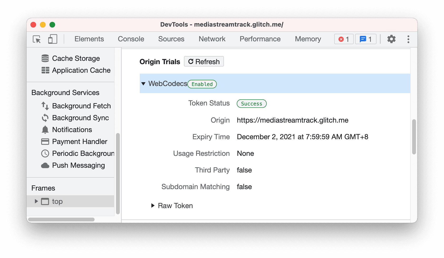 Origin Trials in der Ansicht „Frame details“ (Framedetails)