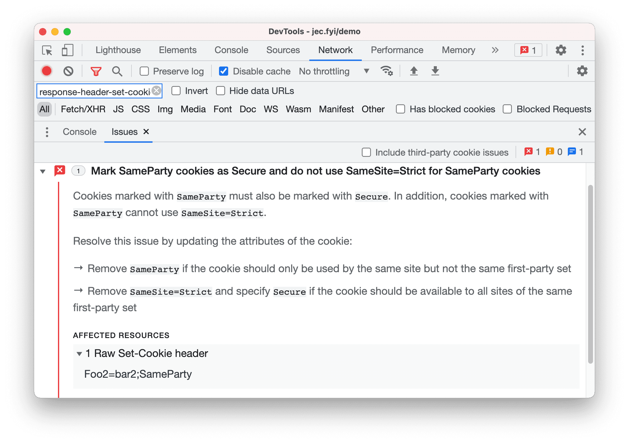 Исходные заголовки 'Set-Cookie' на вкладке "Проблемы" и в панели "Сеть".