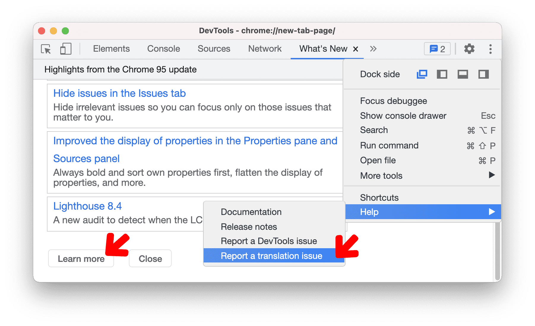 Nuovi link alle note di rilascio tradotte e segnala un bug di traduzione