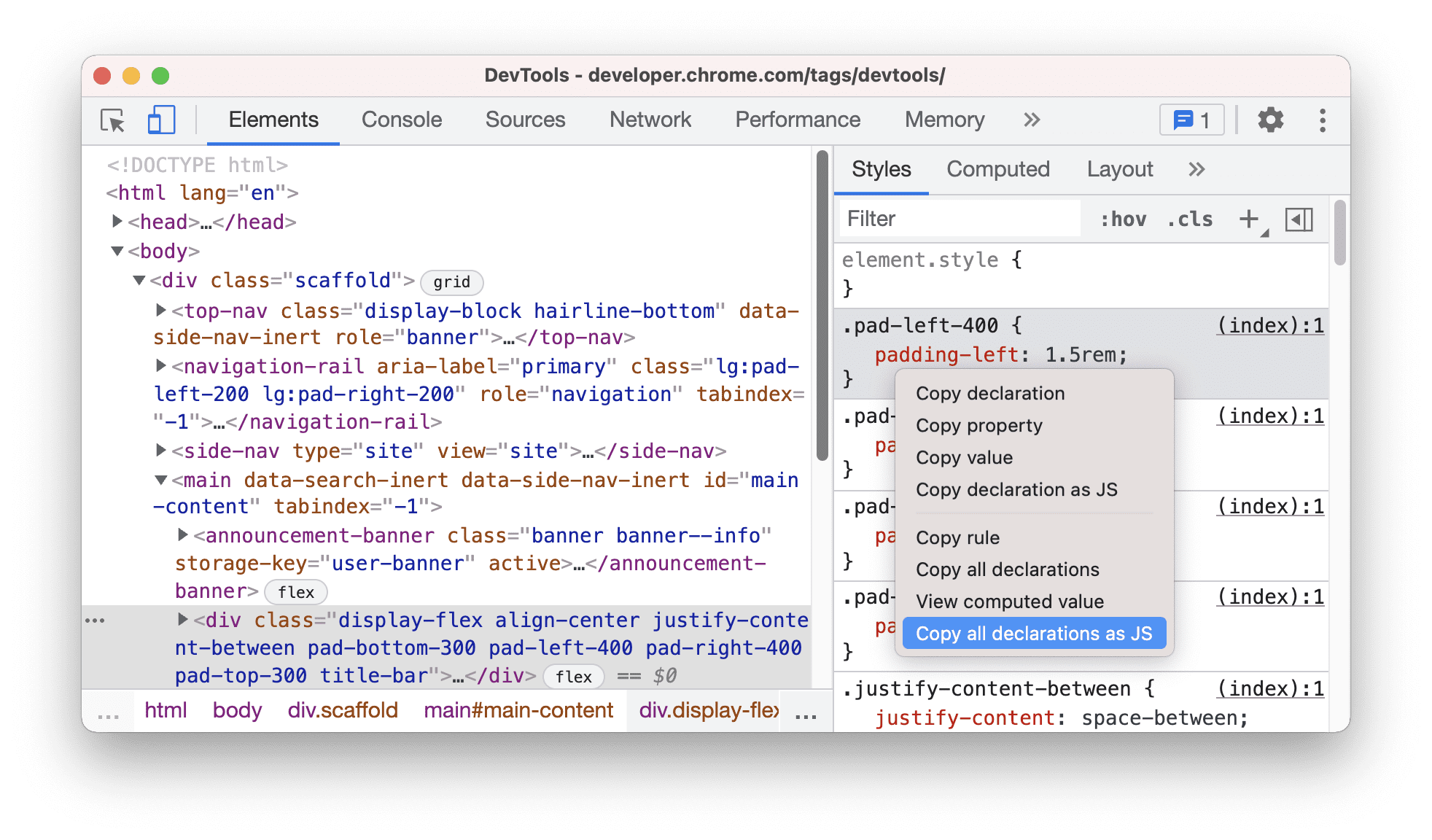 Copiar la declaración como JavaScript