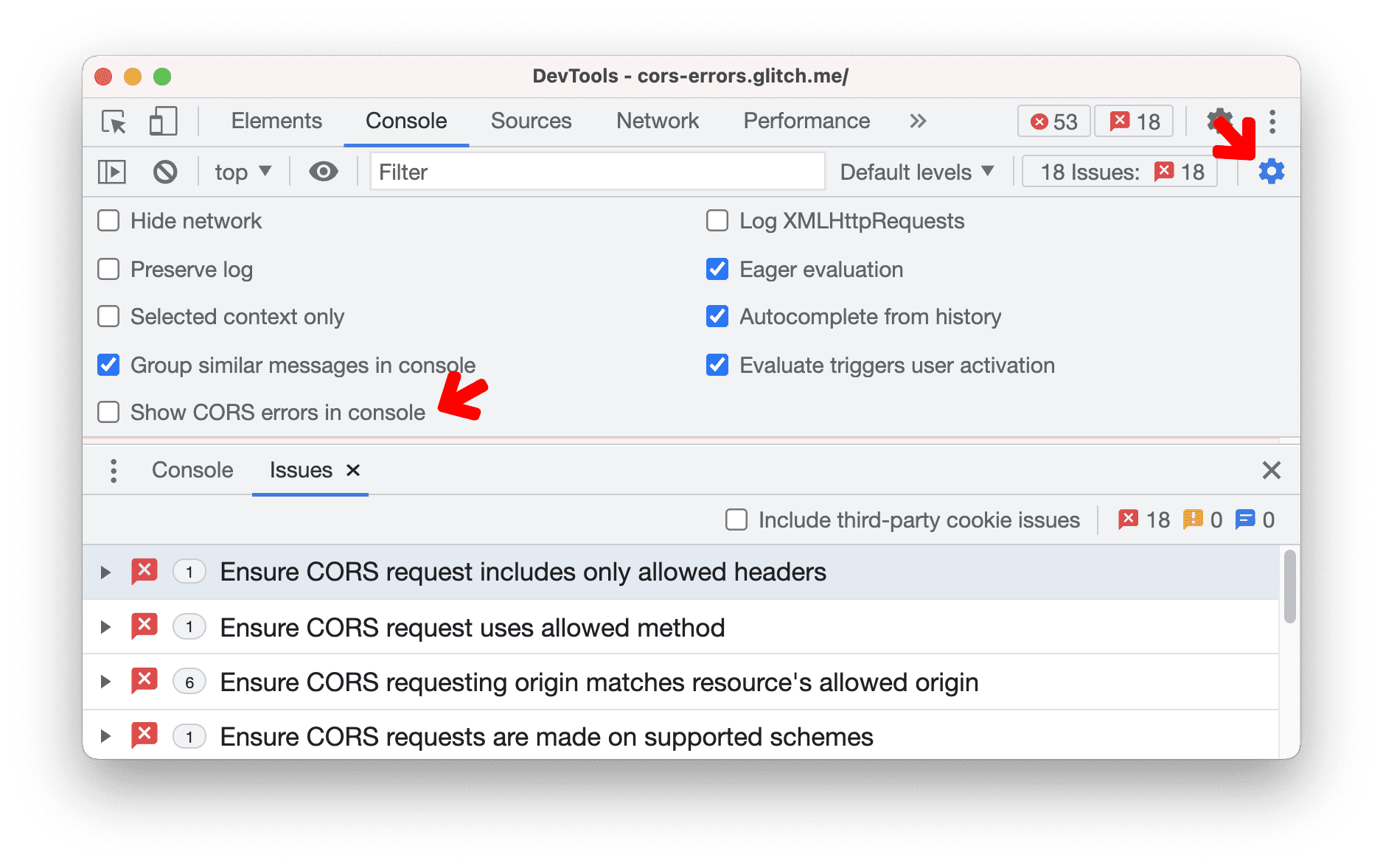 Option zum Ausblenden von CORS-Fehlern in der Console