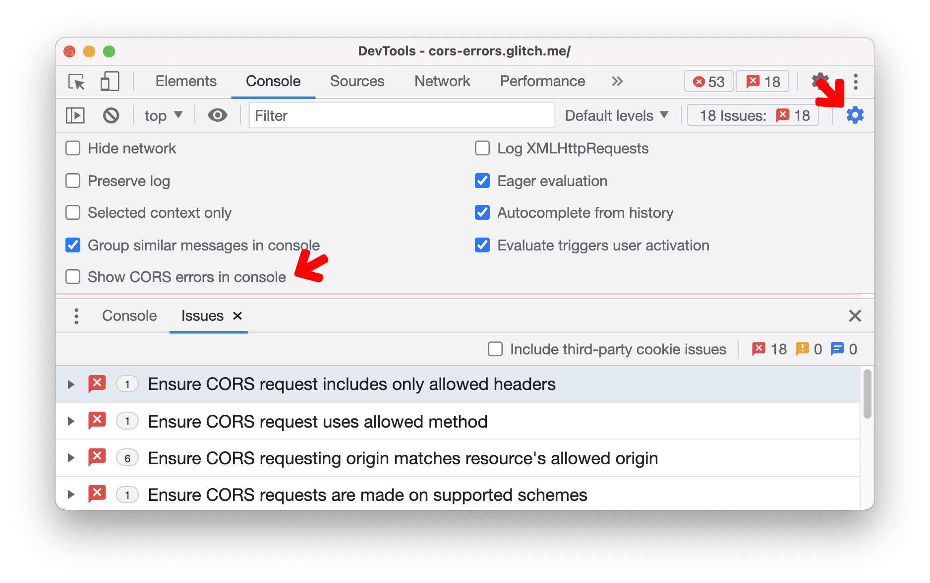 Możliwość ukrywania błędów CORS w konsoli