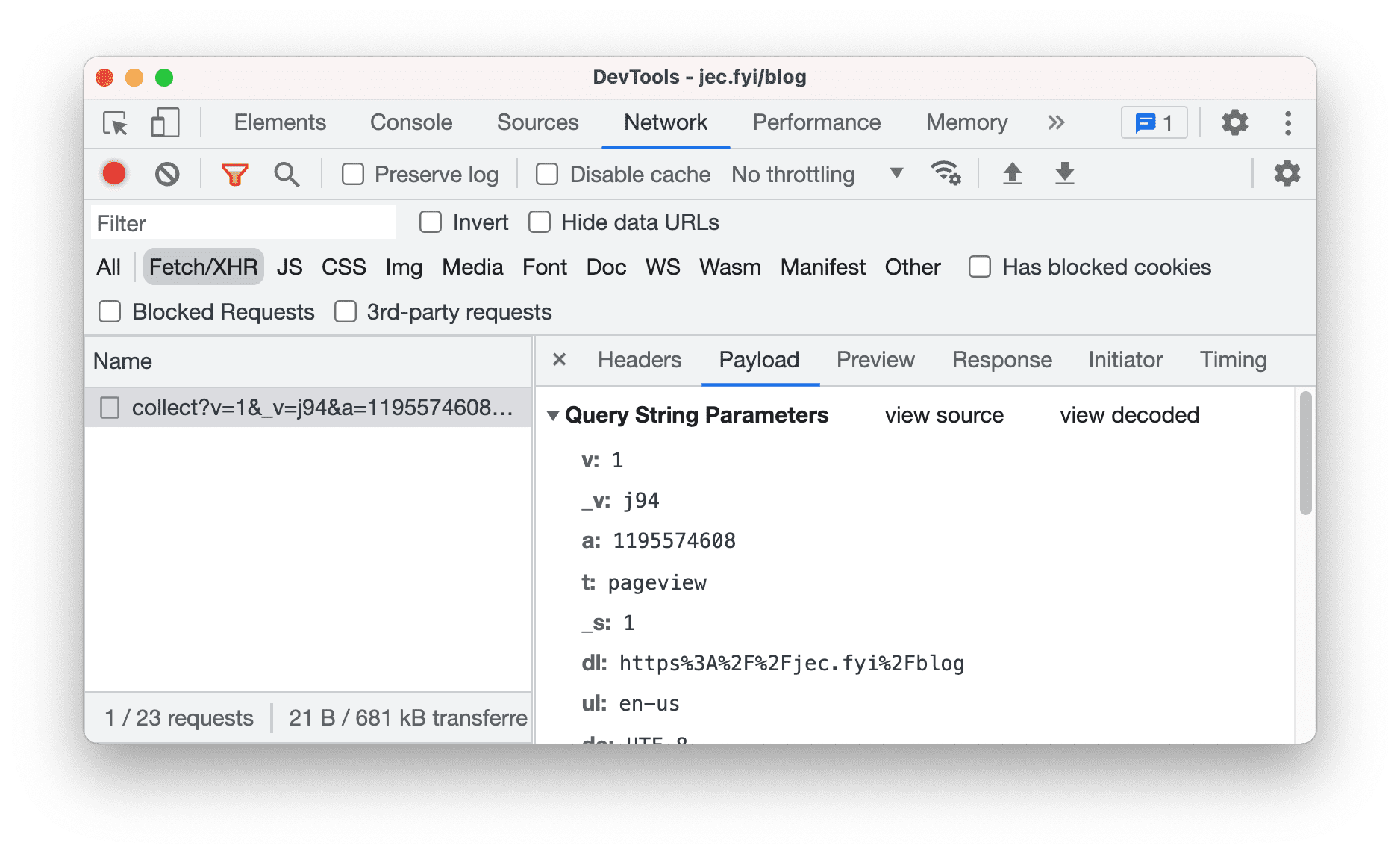 Pestaña Payload en el panel de red