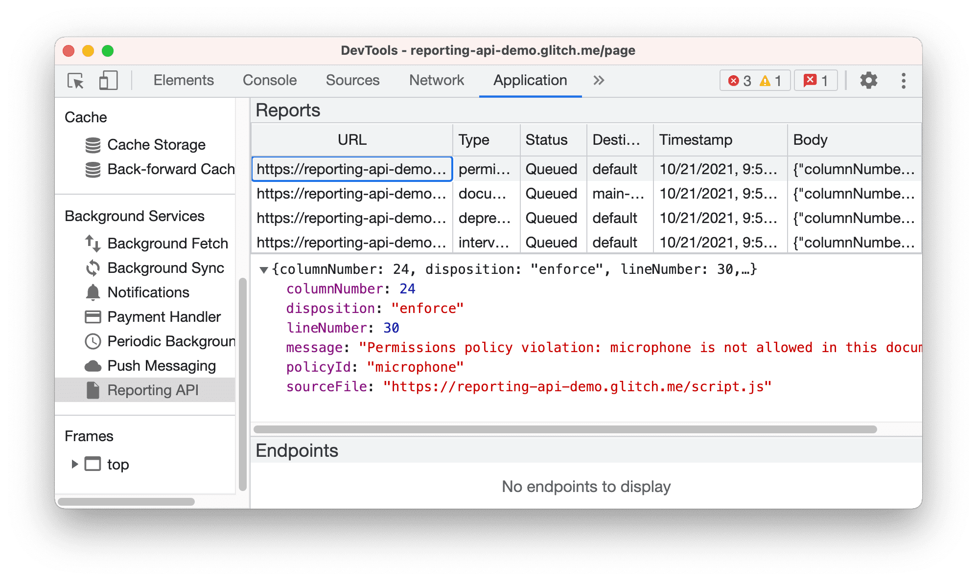 Reporting API pane in the Application panel