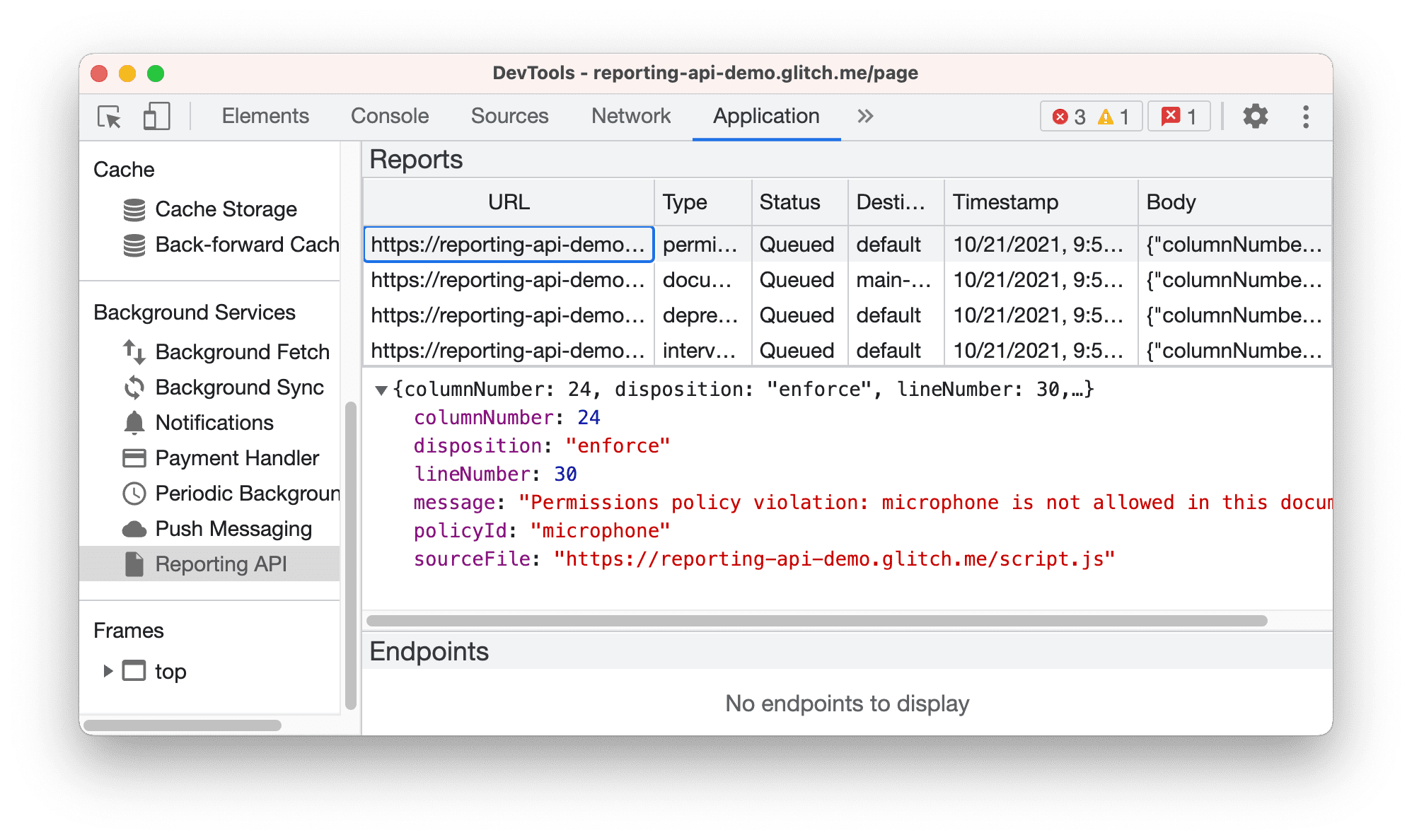 Application 패널의 Reporting API 창