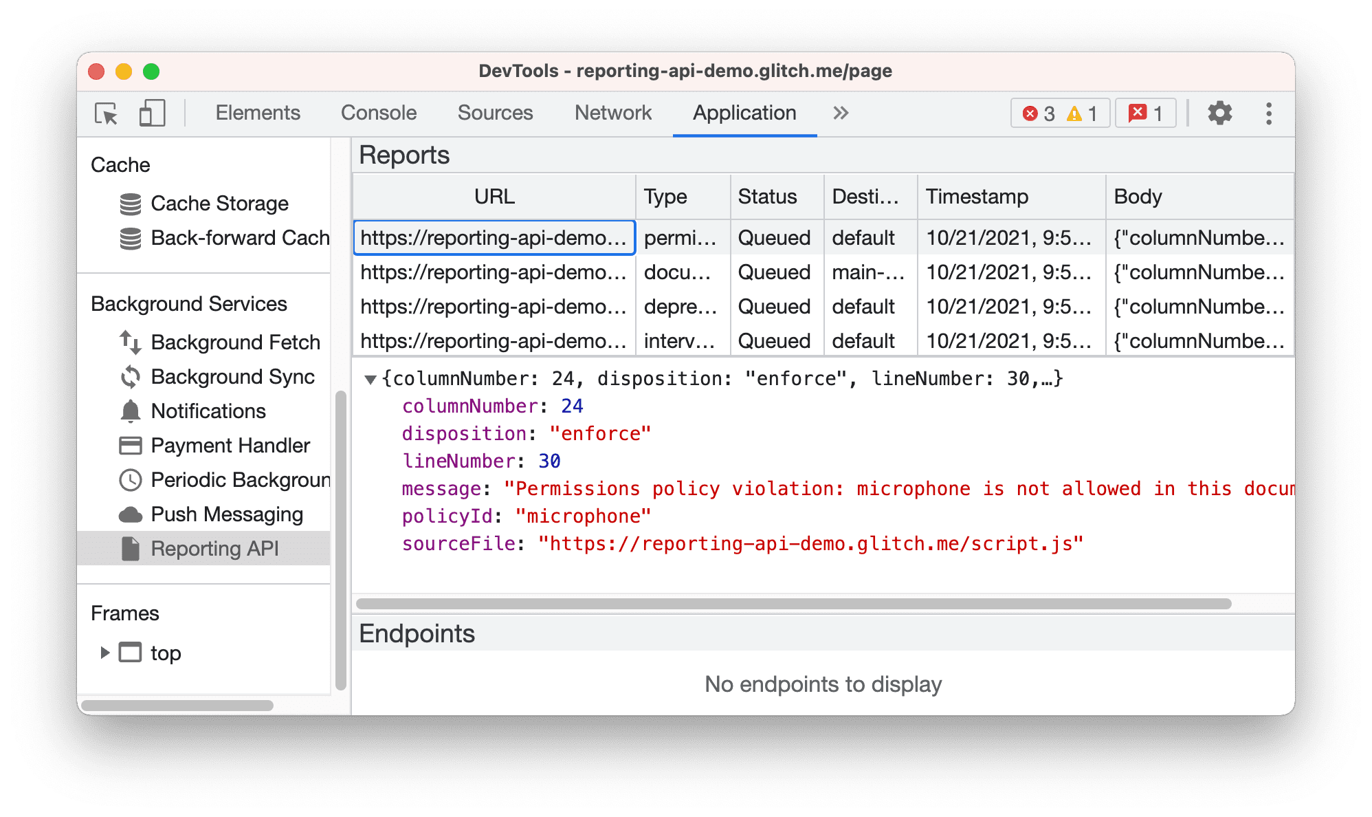 Painel da API Reporting no painel "Application"