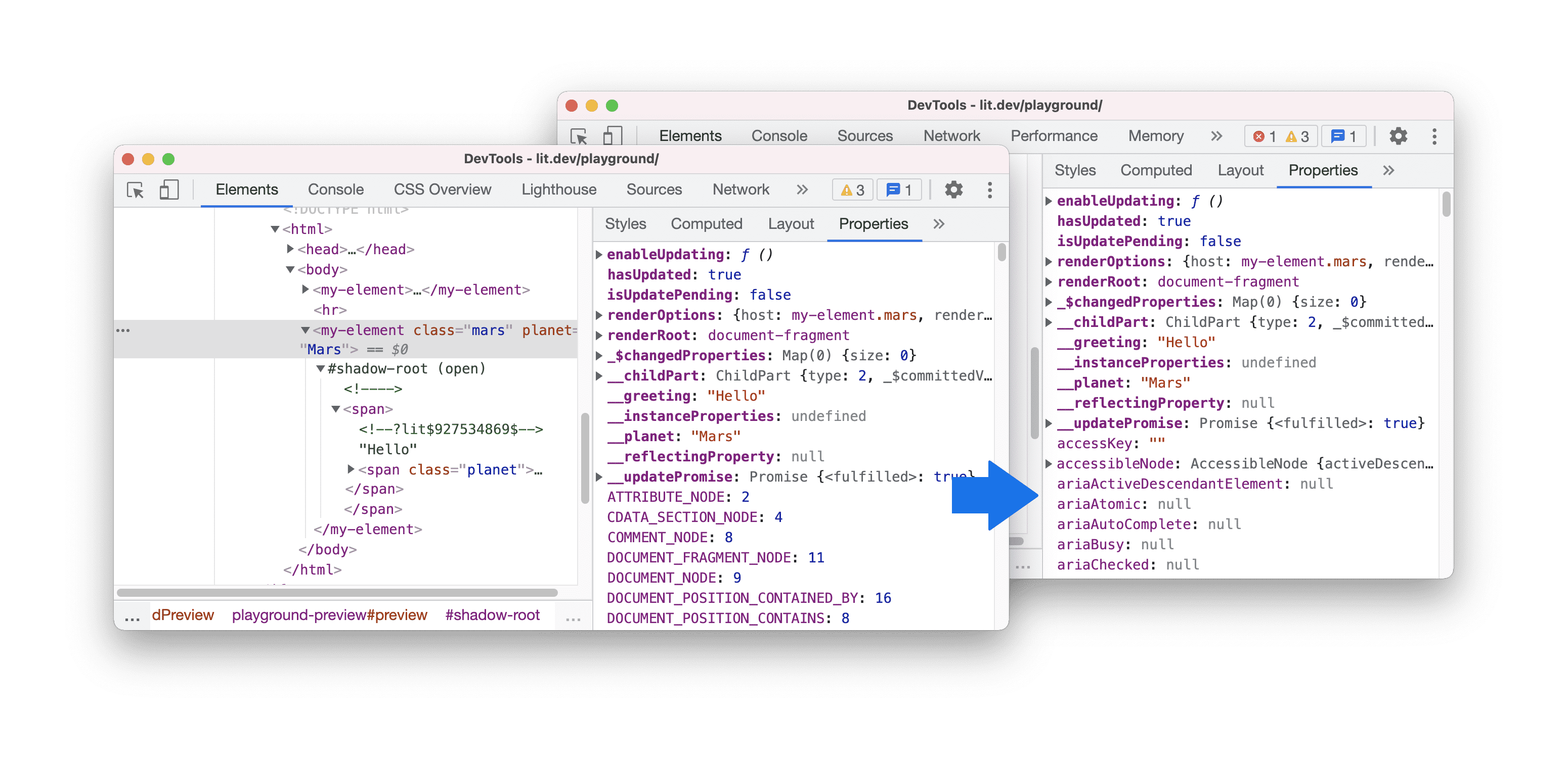 Visualización de propiedades en el panel Properties