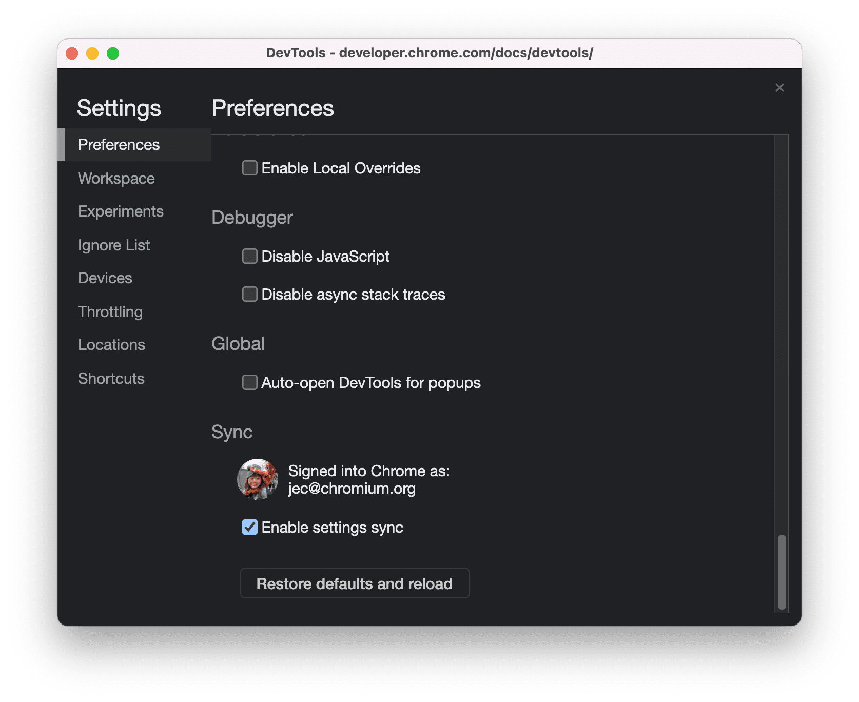 إعدادات المزامنة في "أدوات مطوّري البرامج"