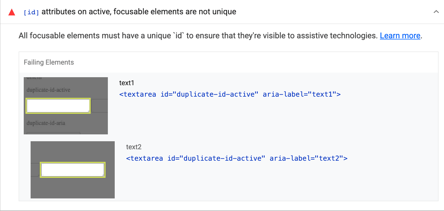 "Odaklanılabilir tüm öğelerde benzersiz bir "id" olmalıdır" başlıklı Lighthouse denetimi. Her ikisi de aynı "id"ye sahip iki öğe gösteriliyor.