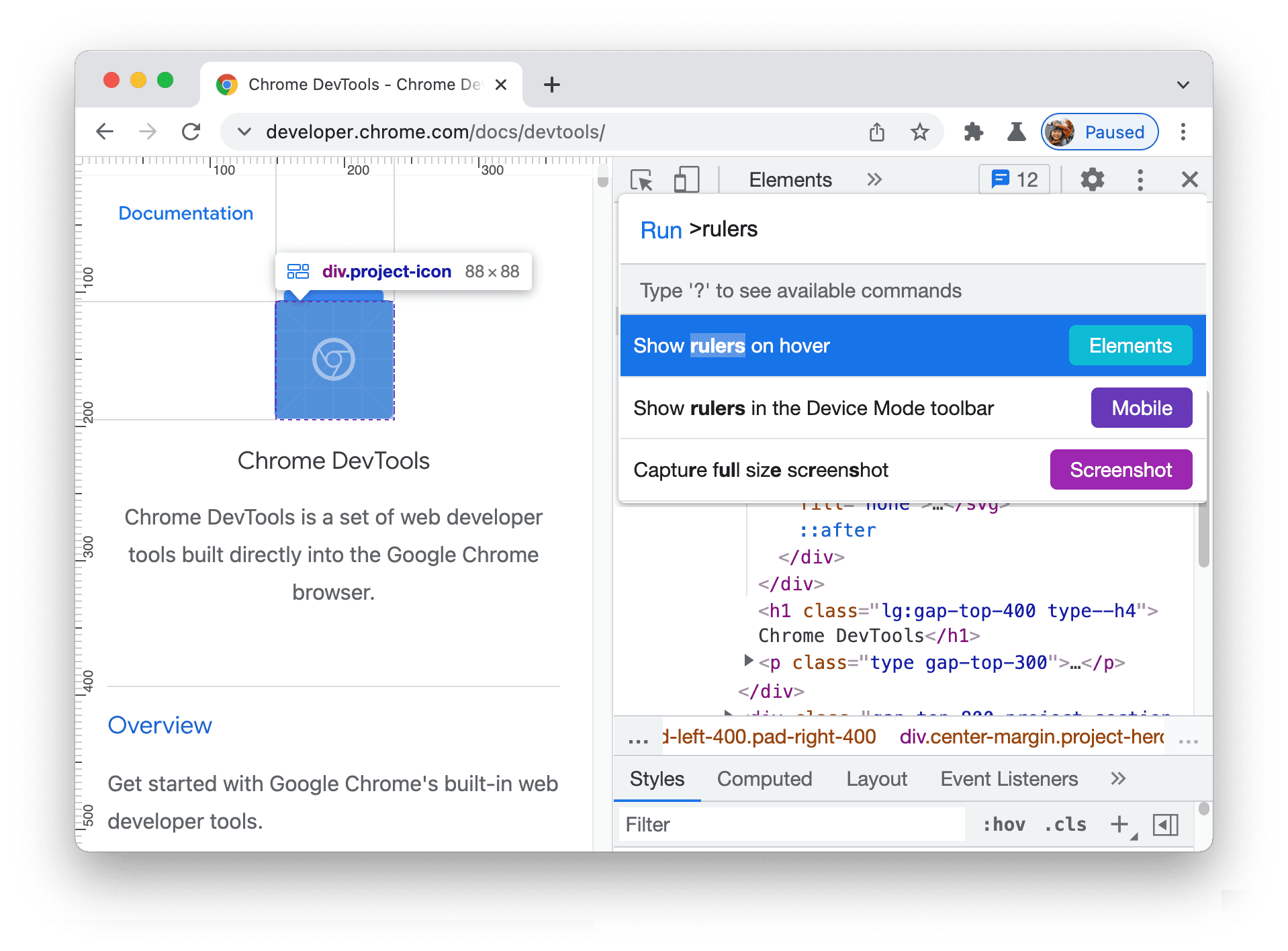 Comando "Mostrar réguas ao passar o cursor"