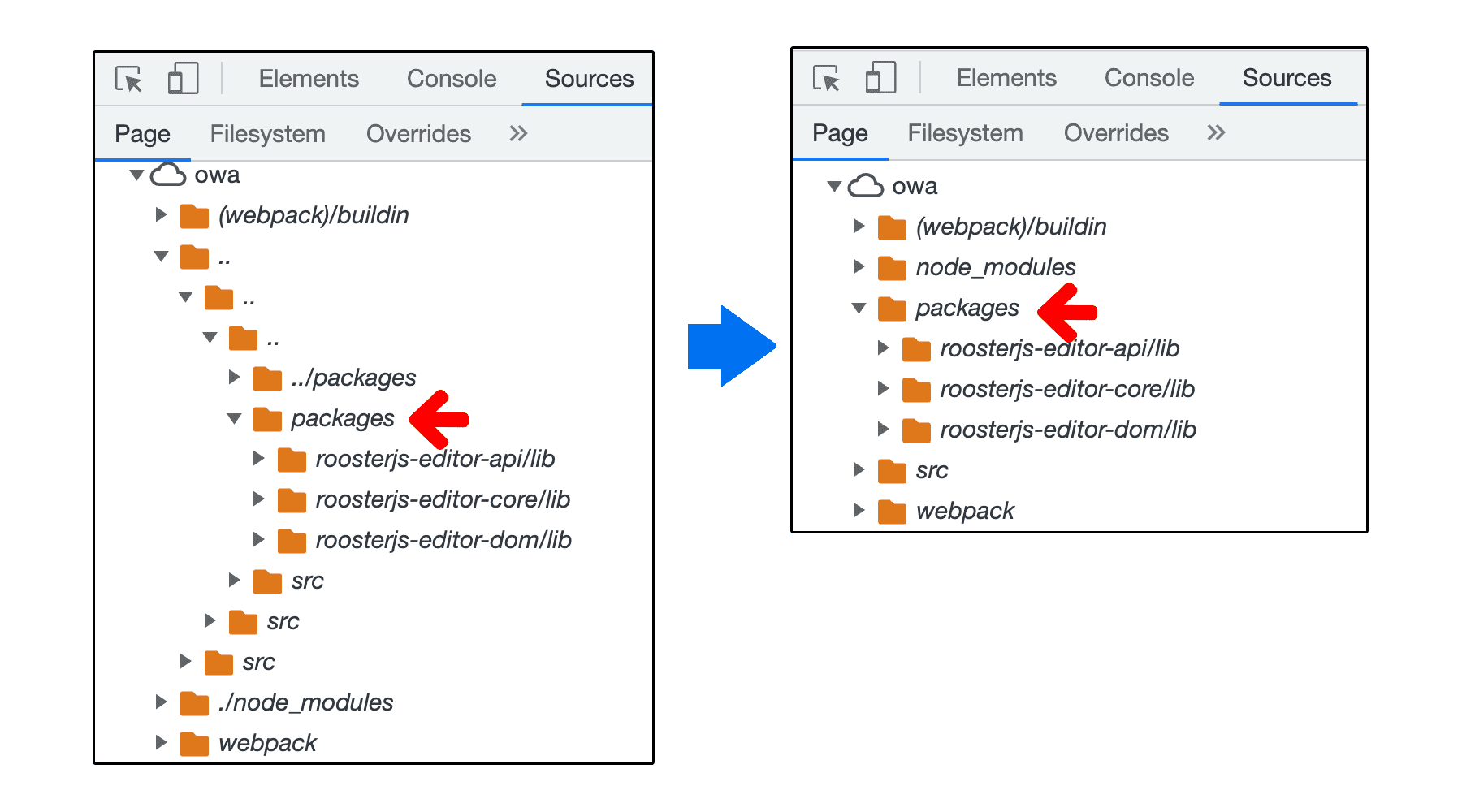 Improved source folder tree in the Sources panel