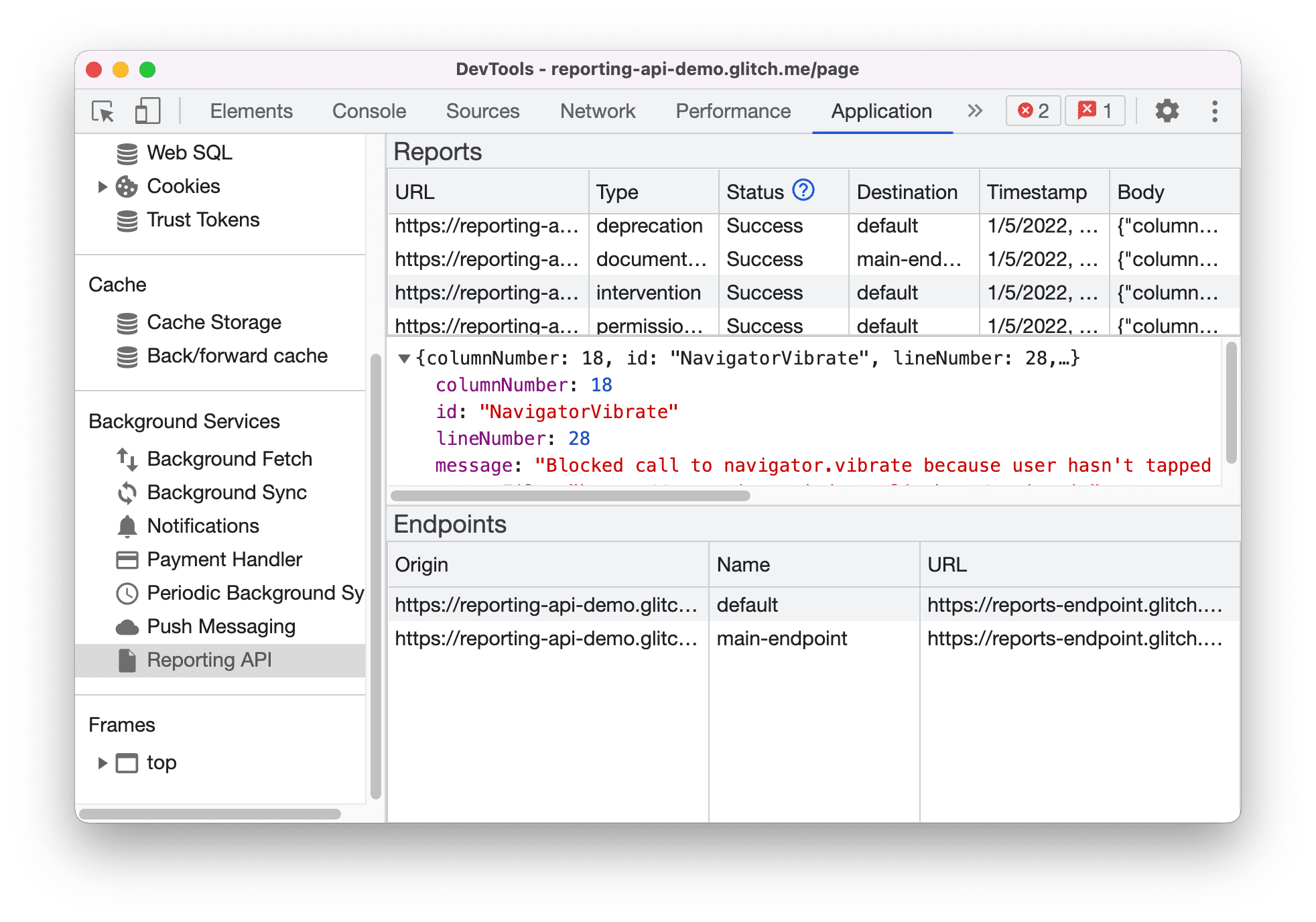 Painel da API Reporting