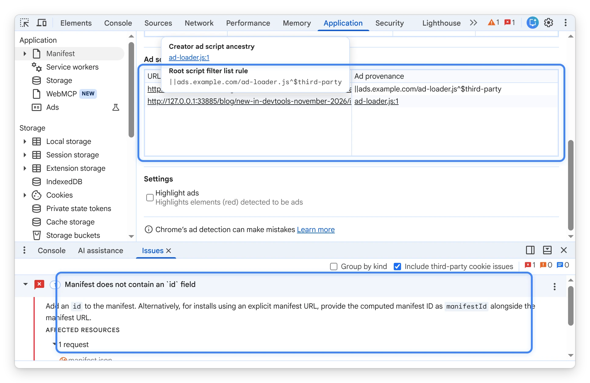 بازرسی ستون «منشأ آگهی» و نکته‌ابزار «تبار» در بخش «آگهی‌ها» در پانل «برنامه» در کنار خطای مانیفست «نصب وب» در کشوی «مشکلات».