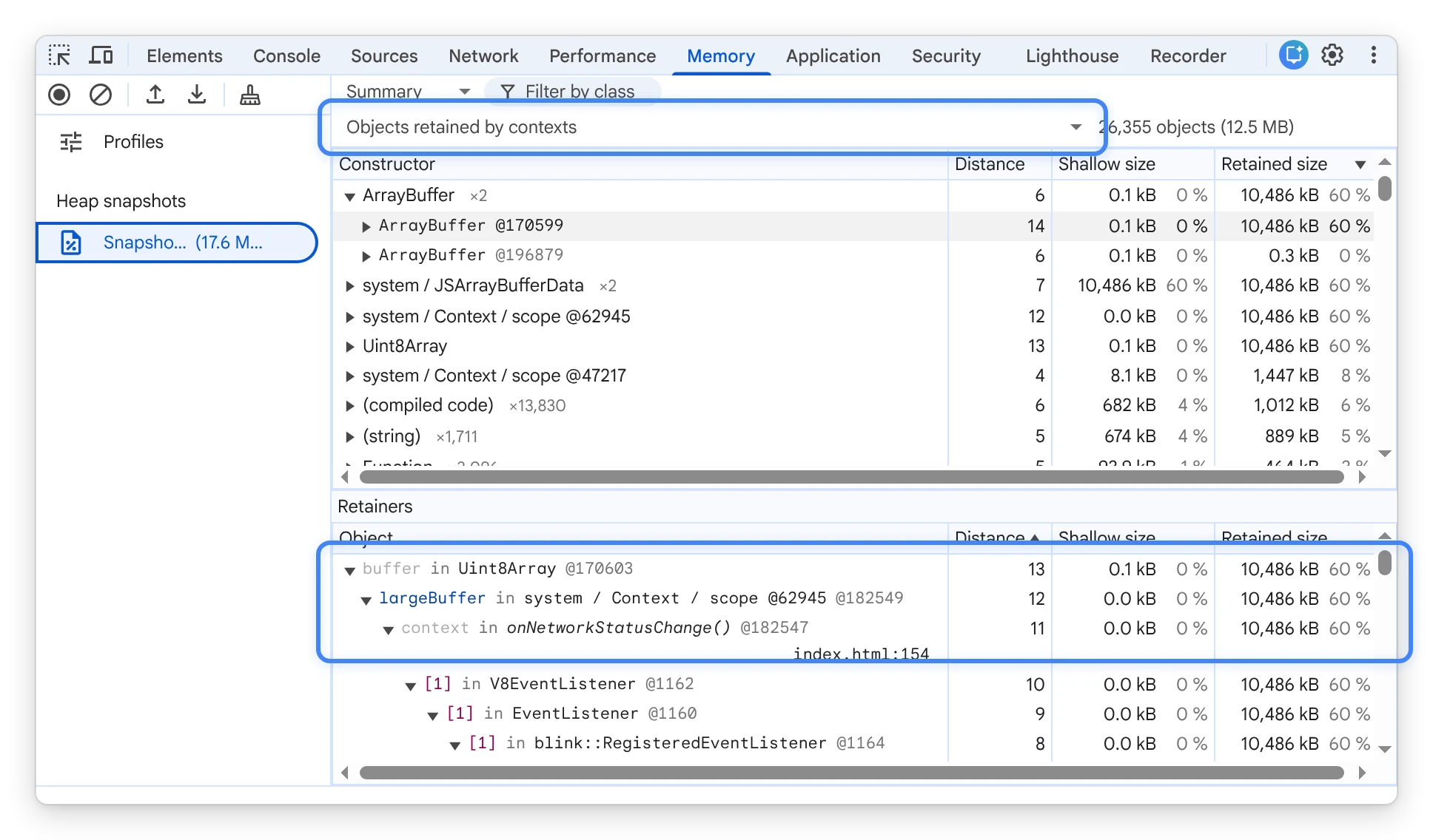 Heap-Snapshot nach „Aufbewahrte Objekte nach Kontext“ im Bereich „Memory“ filtern, um eine tote Kontextvariable zu prüfen, die von einem freigegebenen V8-Ausführungskontext aufbewahrt wird.