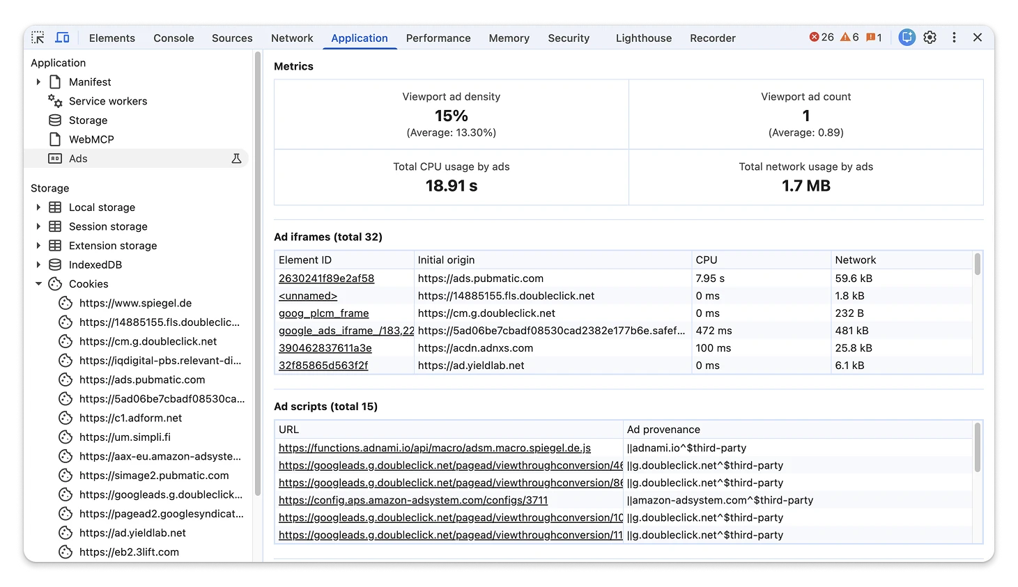 Application panel Ads tab displaying the new Ad scripts table and revealing an ad script in Sources.