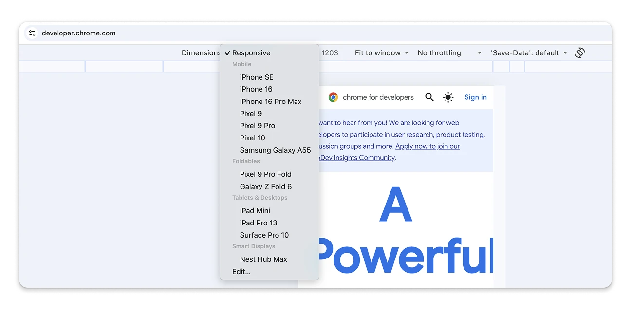 Device Mode showing the modernized device presets grouped by form factor.