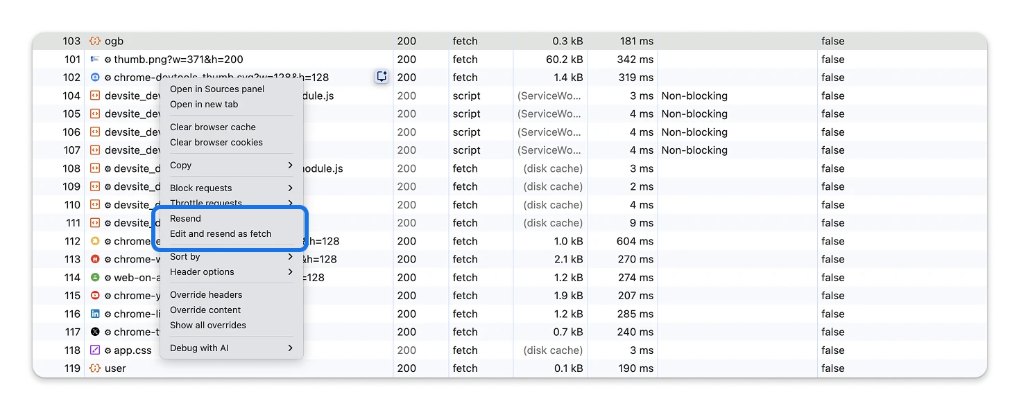 Right-clicking a network request and selecting Edit and resend as fetch, which auto-focuses the Console panel with the fetch expression already pasted and ready to edit.
