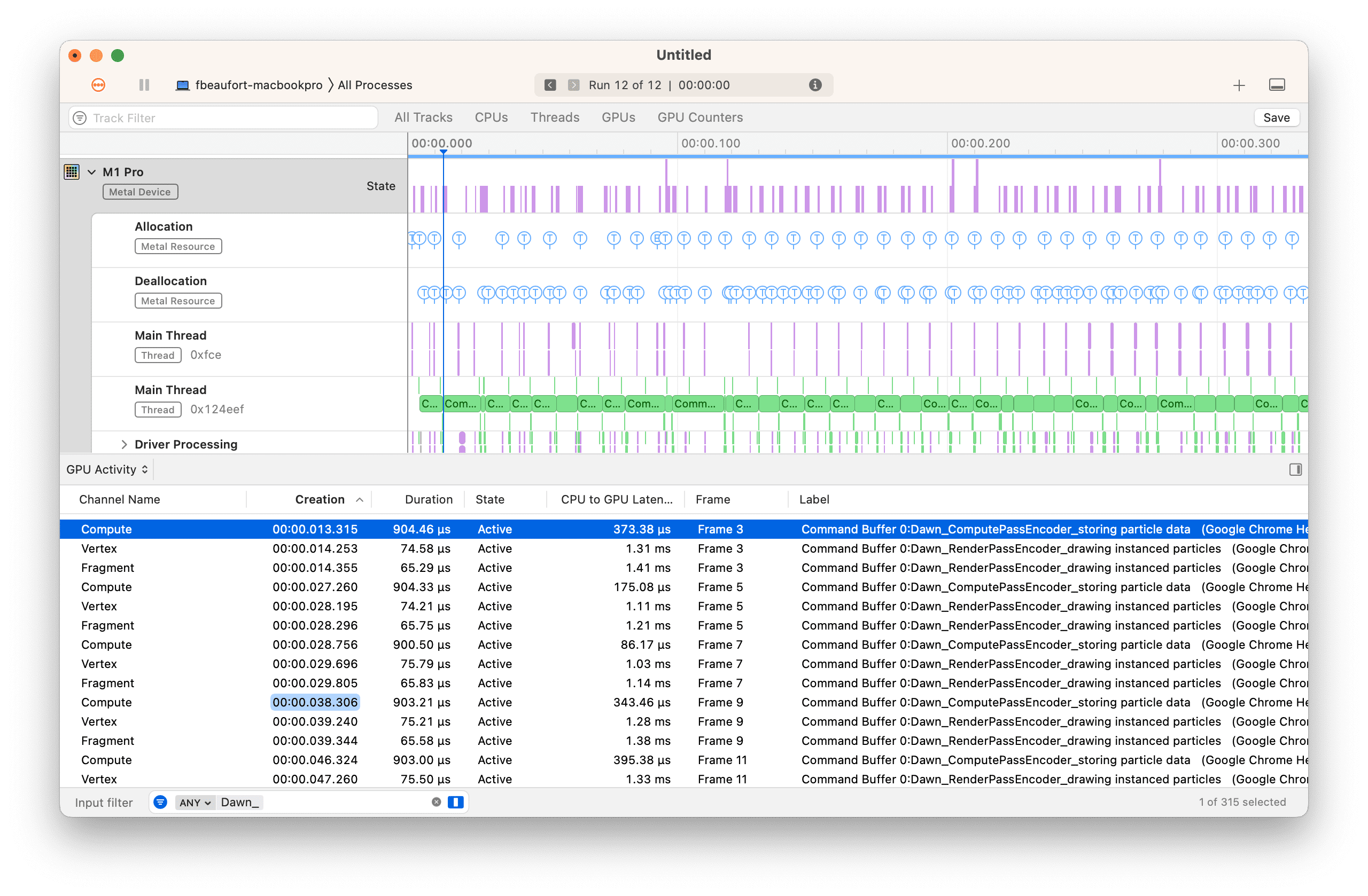 Captura de pantalla de la app de Instruments en macOS con etiquetas personalizadas provenientes de WebGPU.