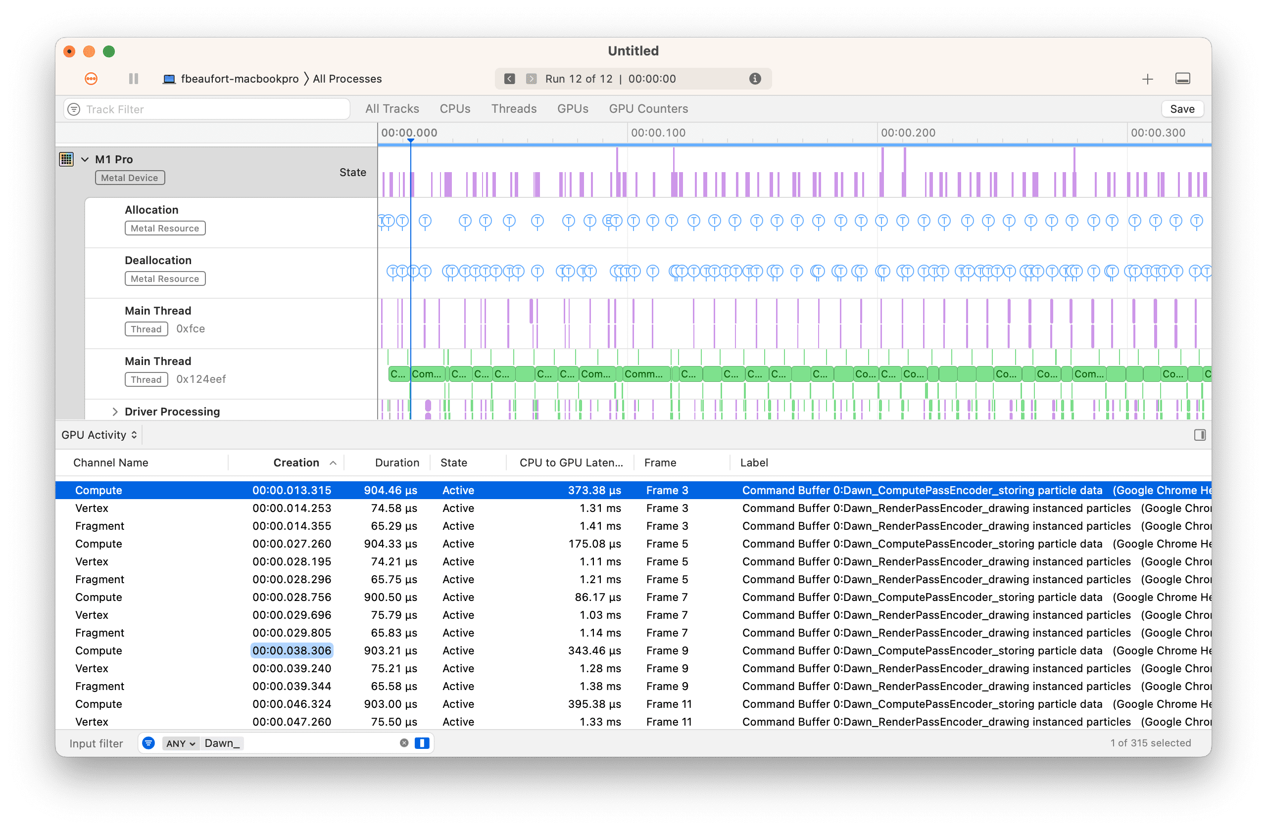 لقطة شاشة لتطبيق instruments (آلات) على نظام التشغيل macOS تعرض تصنيفات مخصّصة واردة من WebGPU