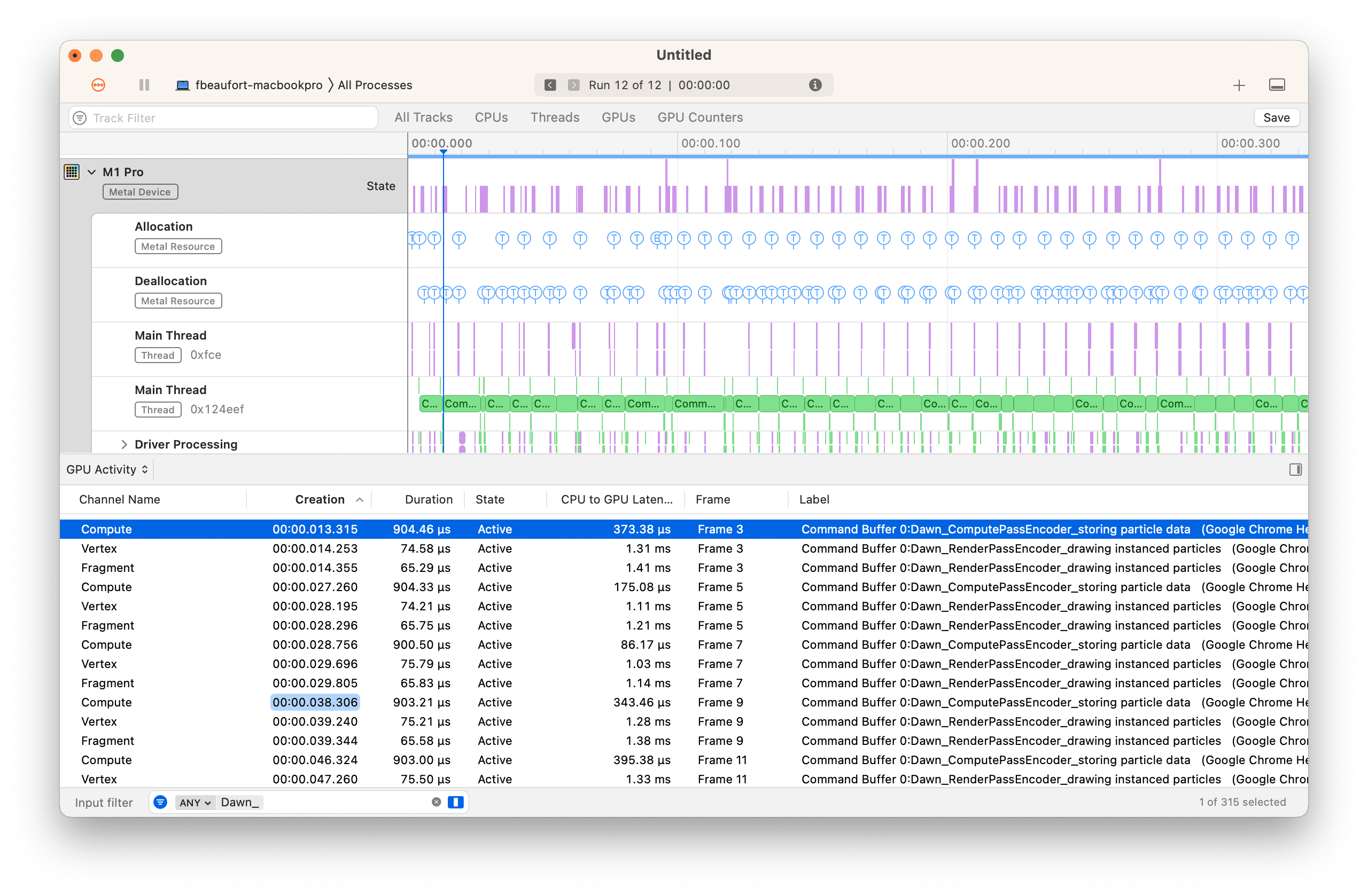 Скриншот приложения Instruments на macOS с пользовательскими метками, полученными с помощью WebGPU.