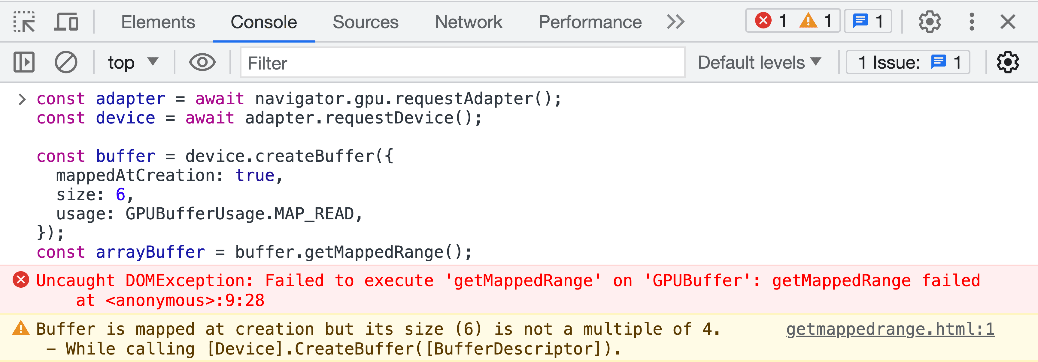 Screenshot della console JavaScript DevTools con un messaggio di errore di convalida del buffer.