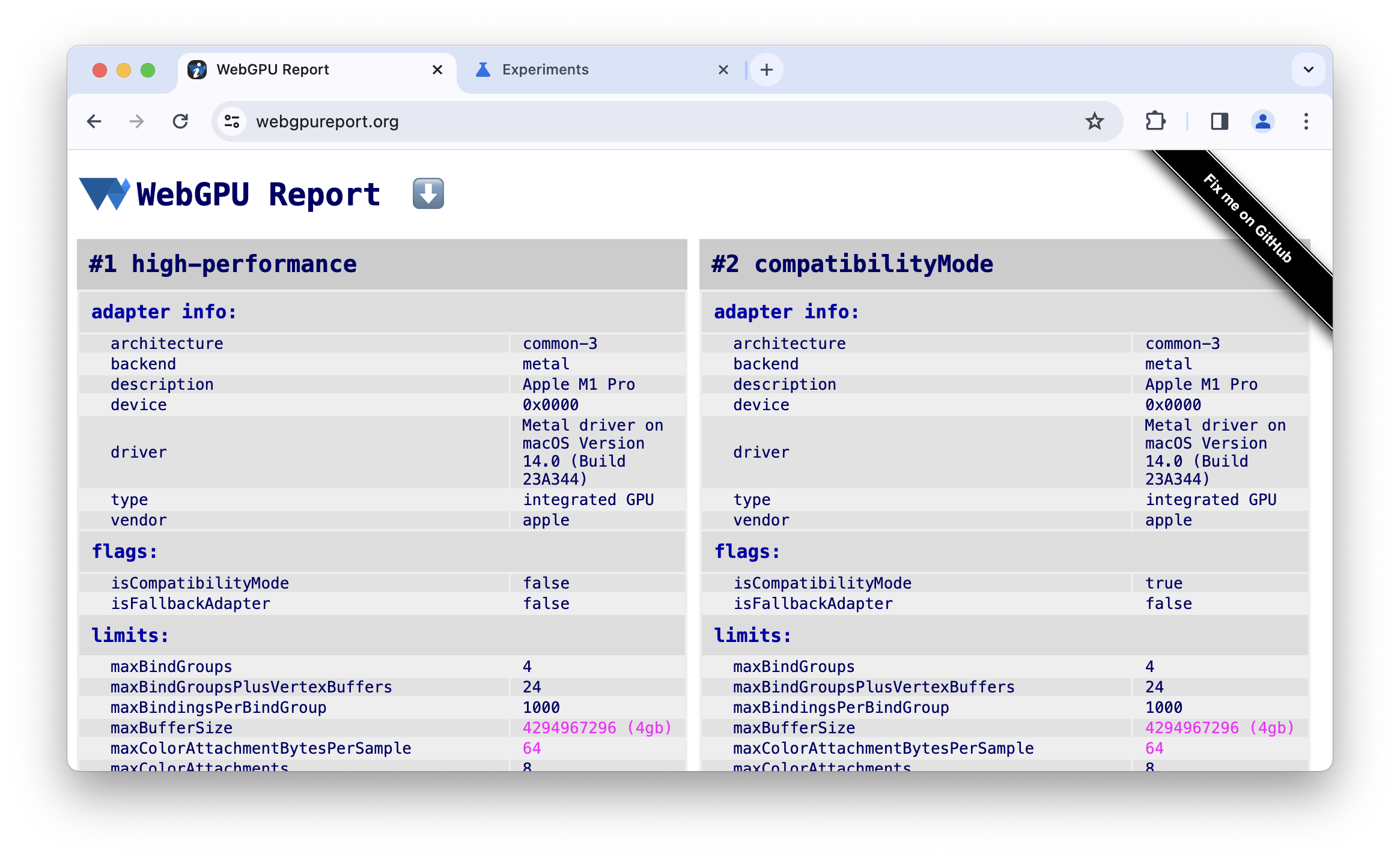 Screenshot di https://webgpureport.org con informazioni sul backend e sul tipo di adattatore.