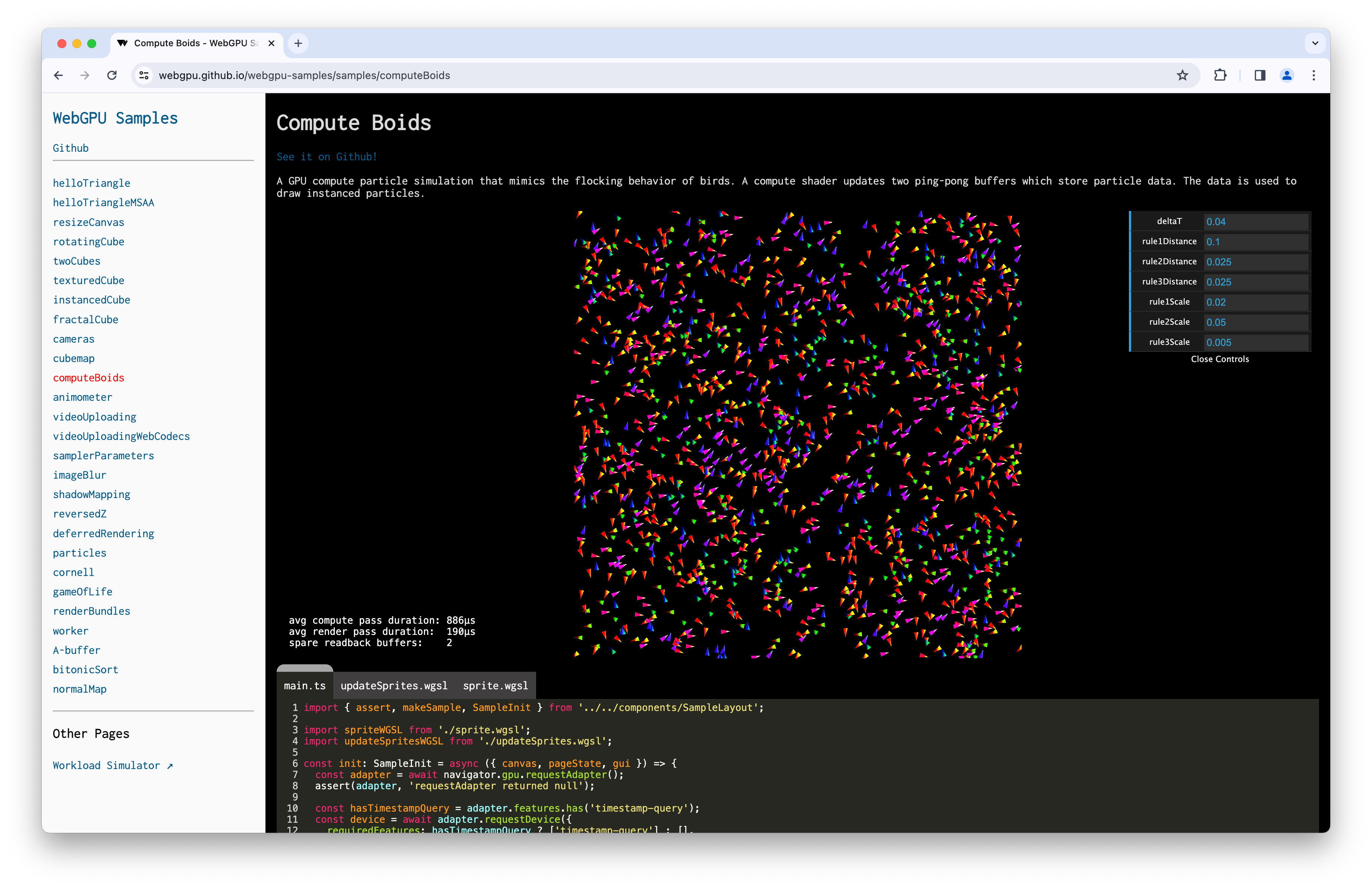 ภาพหน้าจอของตัวอย่าง Compute Boids ที่มีการค้นหาการประทับเวลา