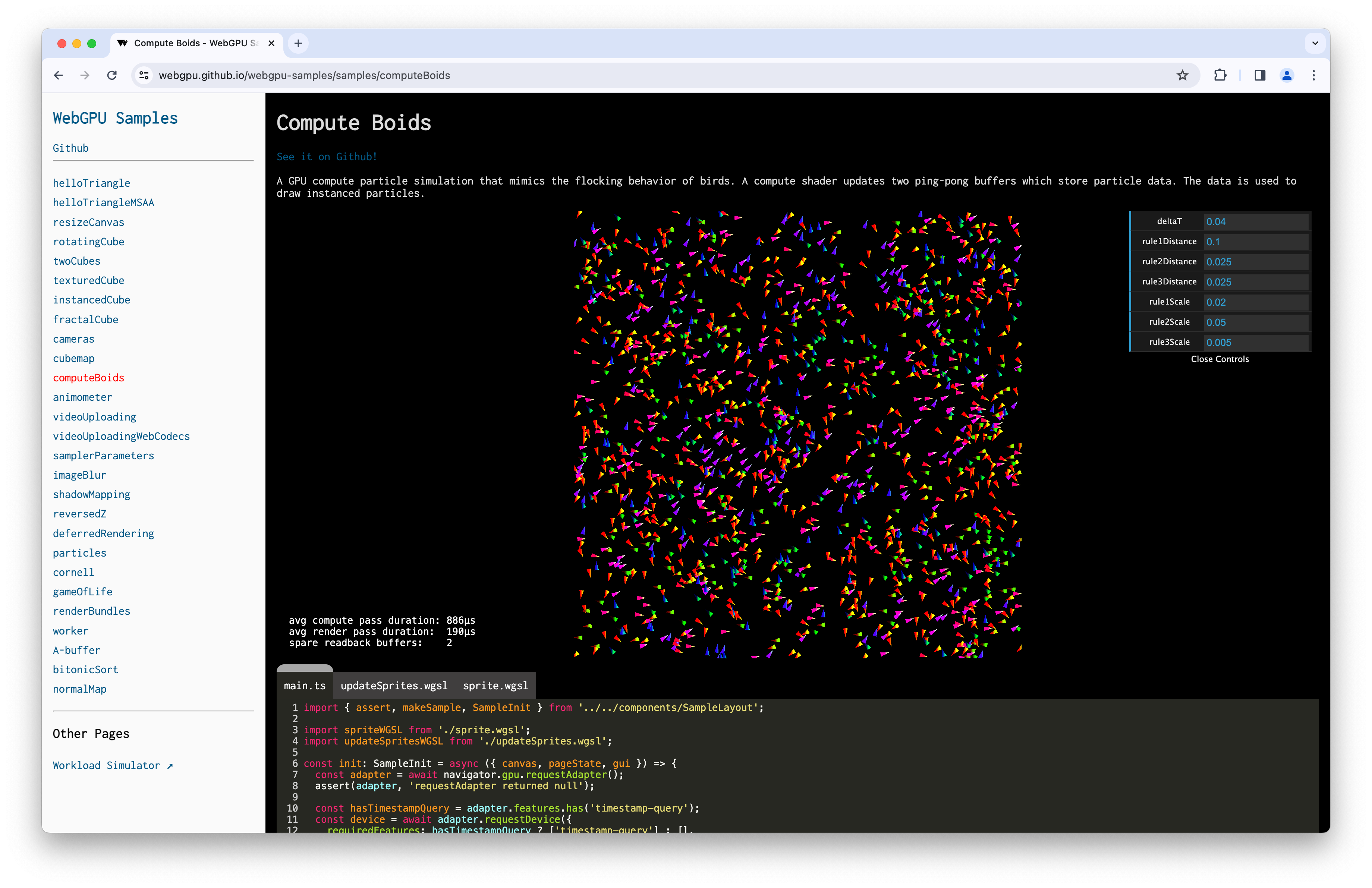 Captura de tela da amostra do Compute Boids com a consulta de carimbo de data/hora.