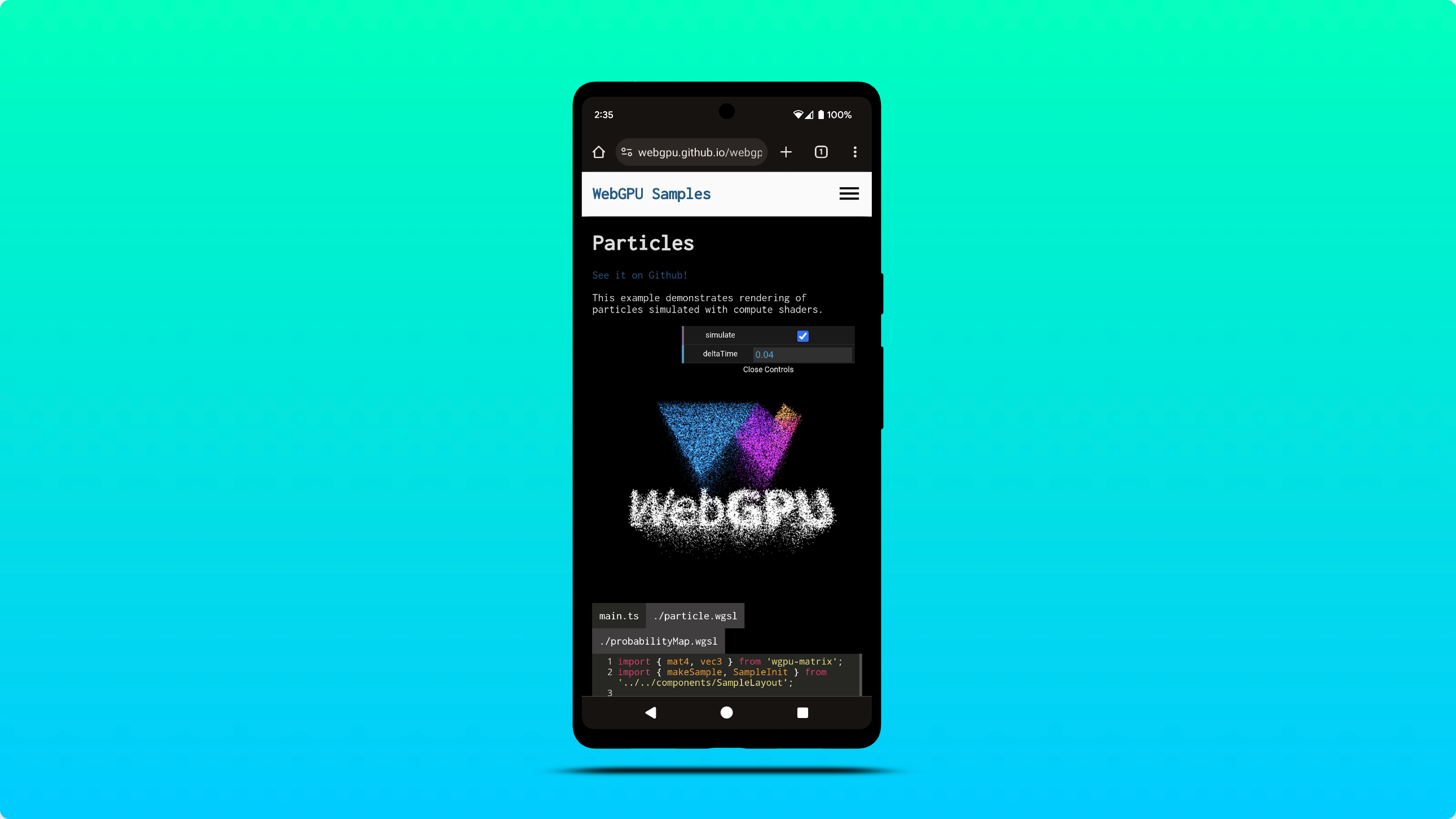 Screenshot eines WebGPU-Beispiels, das in Chrome für Android ausgeführt wird.