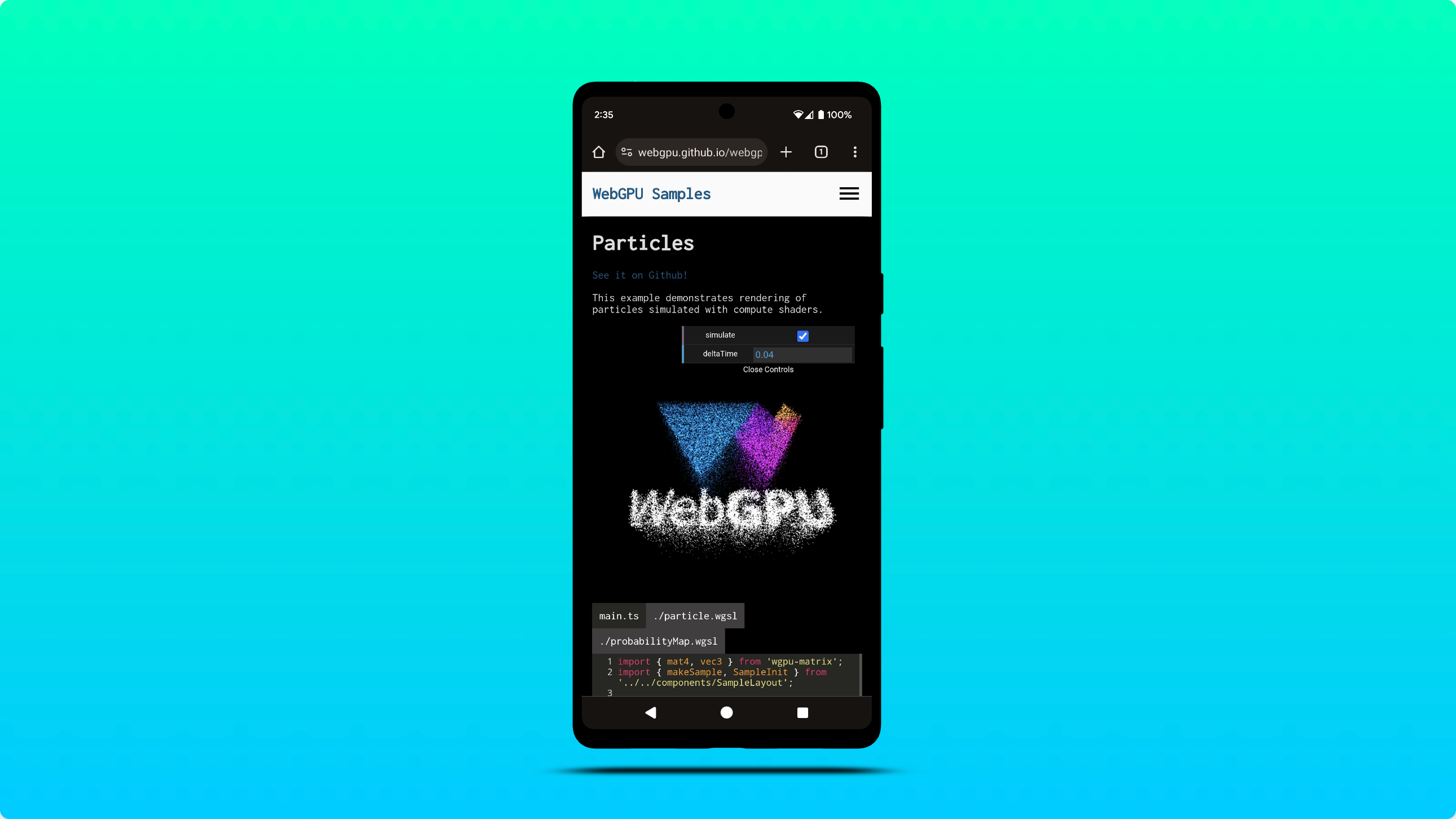 在 Android 版 Google Chrome 上執行的 WebGPU 範例螢幕截圖。