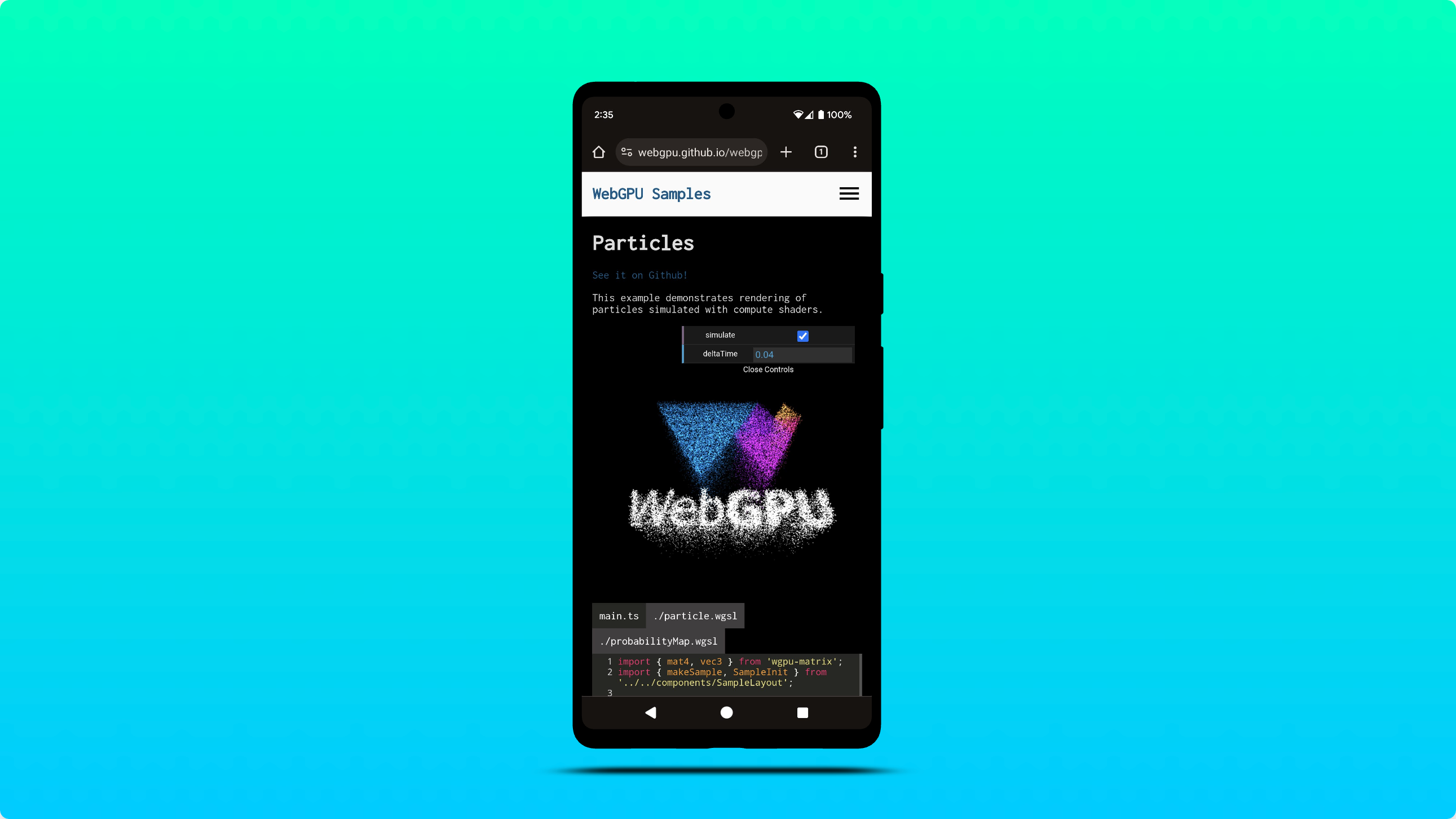 Снимок экрана с примером WebGPU, работающим в Chrome для Android.
