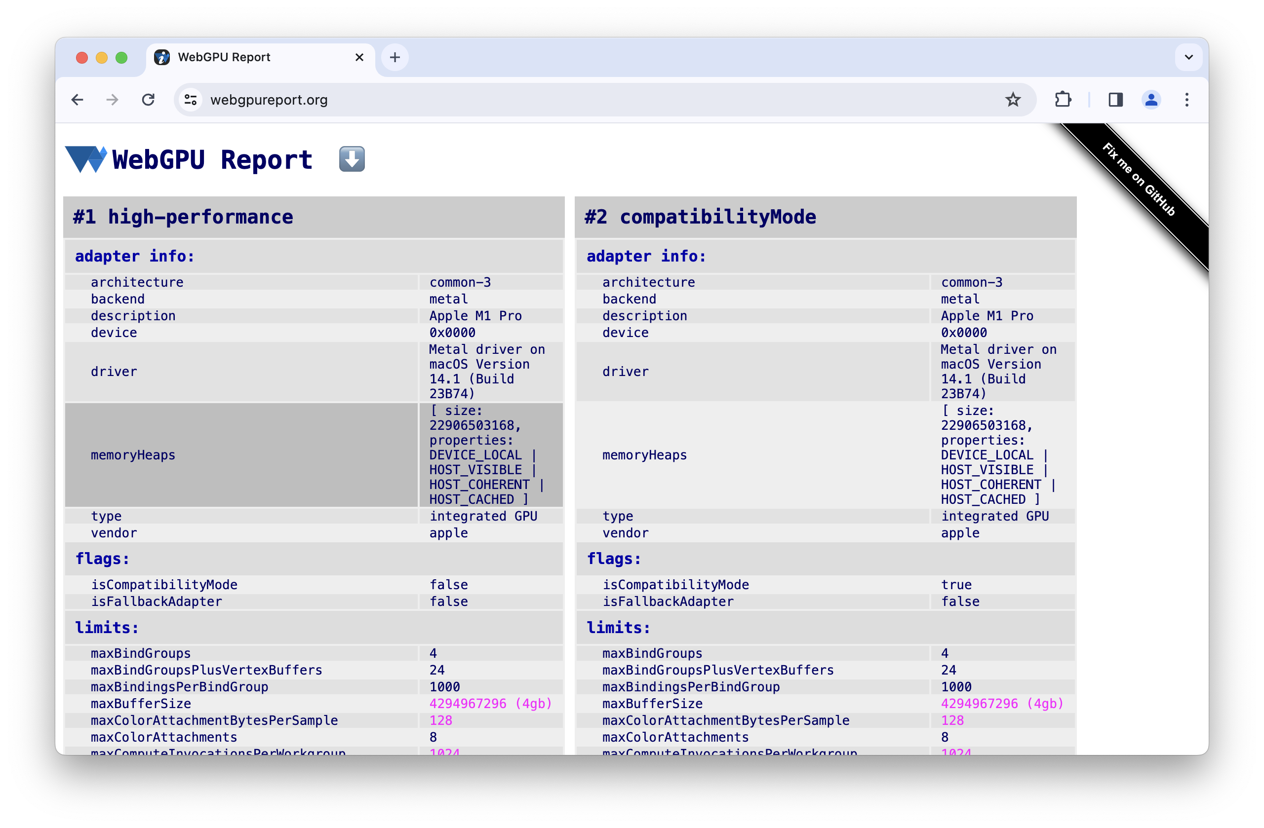 Screenshot of https://webgpureport.org featuring memory heaps in adapter info.