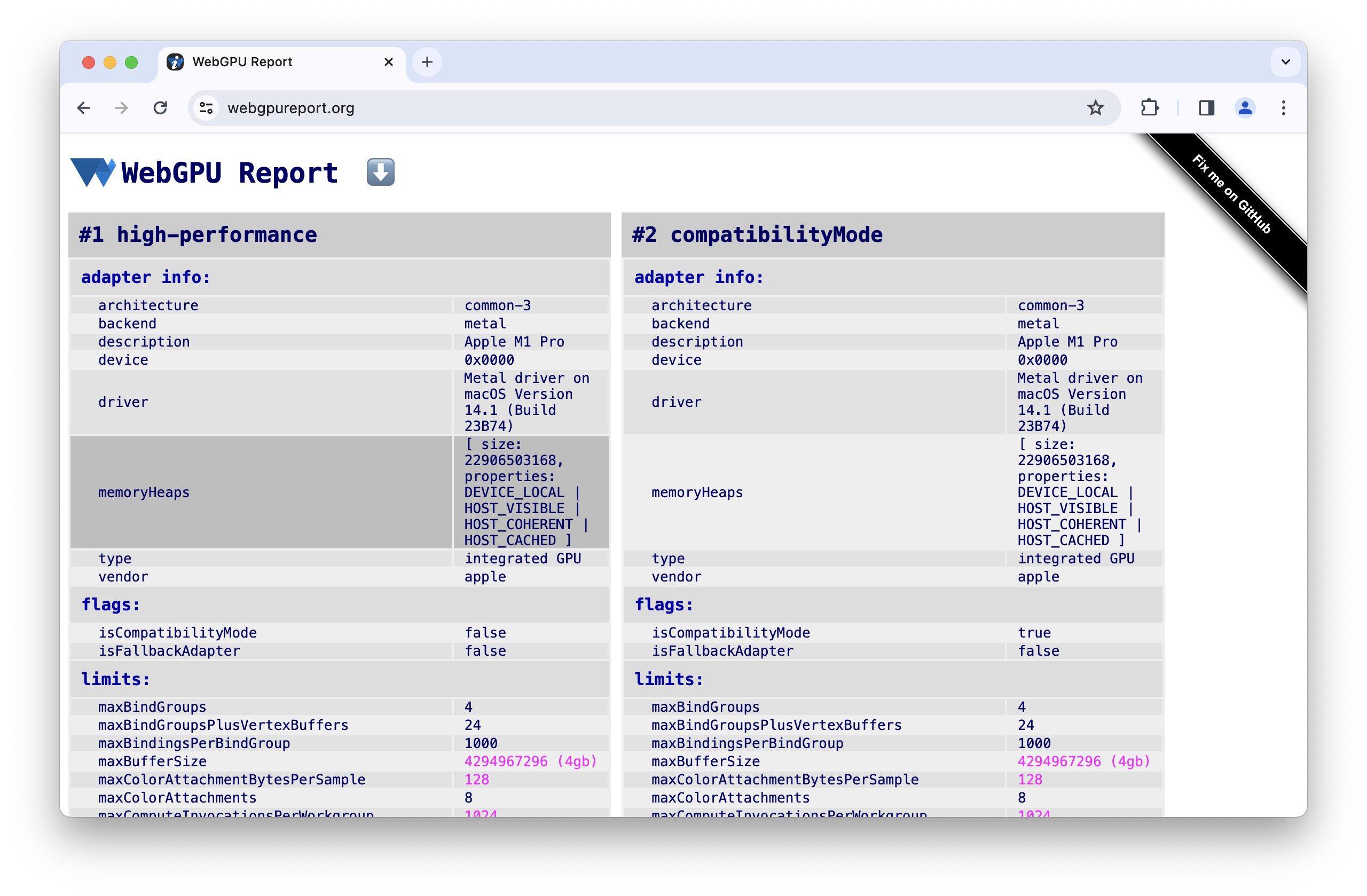 Screenshot von https://webgpureport.org mit Speicherheaps in den Adapterinformationen