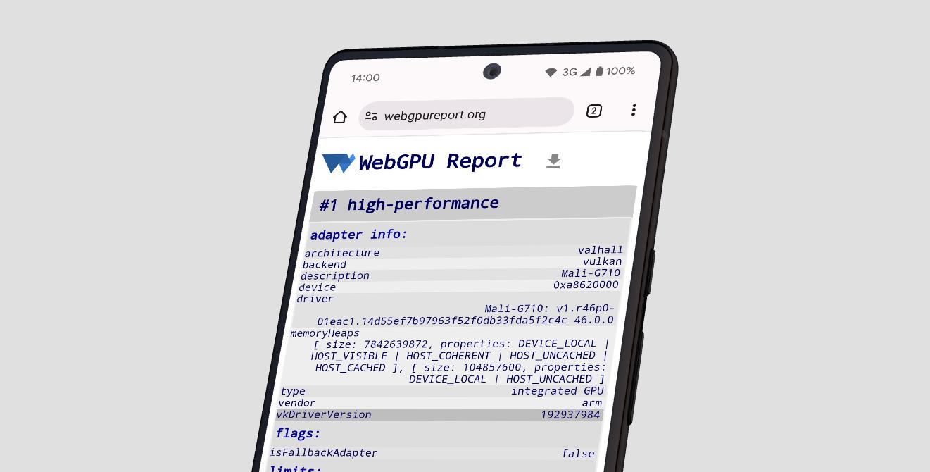 https://webgpureport.org 螢幕截圖，內含轉接器資訊中的 vkDriverVersion。