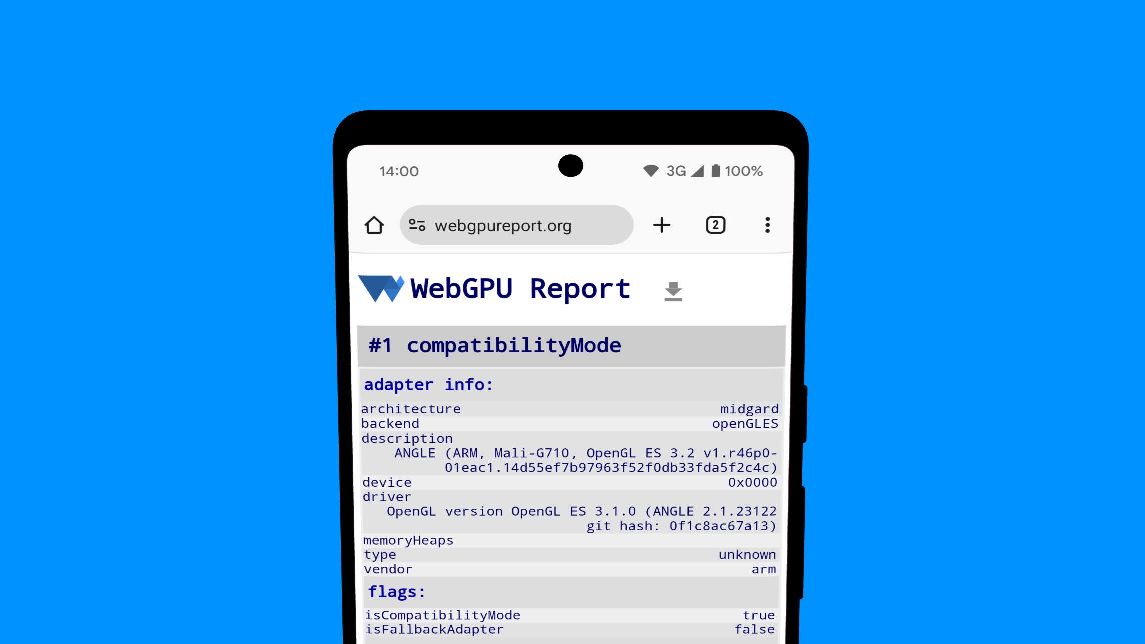 La página del informe de WebGPU muestra información de GPUAdapter del backend de OpenGL ES en el dispositivo Android.