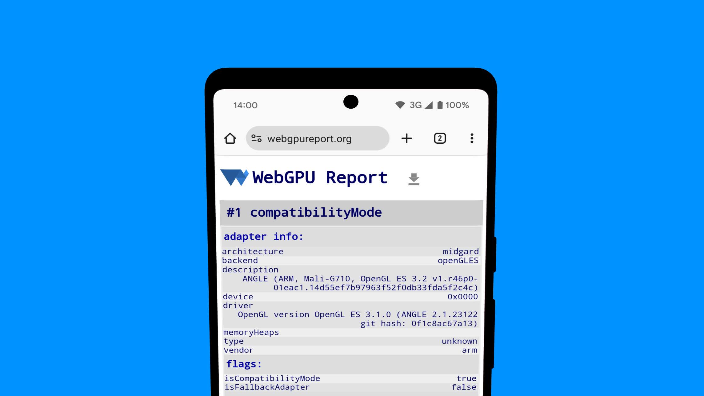 WebGPU report page shows GPUAdapter info from the OpenGL ES backend on Android device.