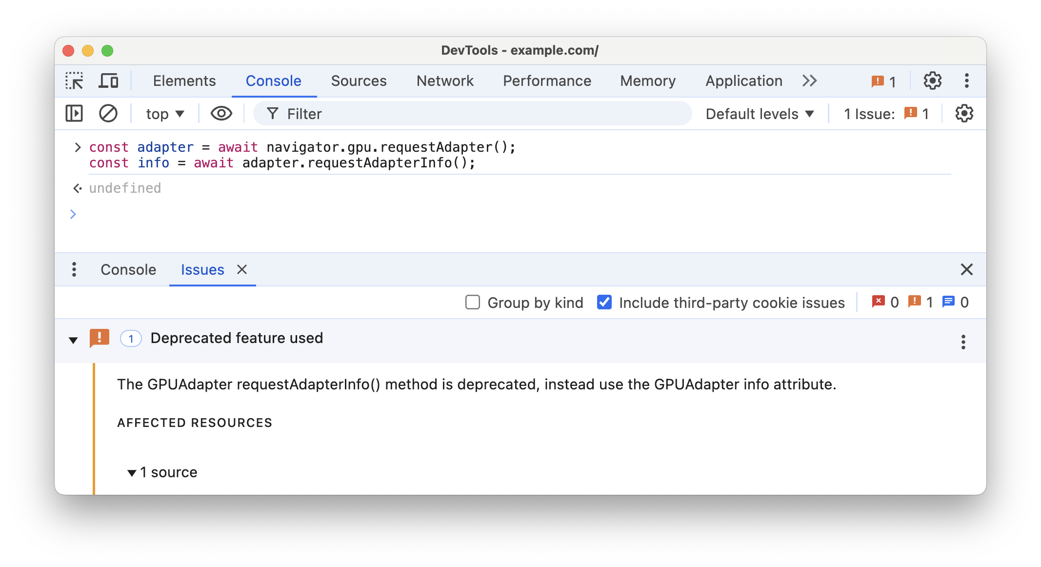 Konsol DevTools menampilkan peringatan penghentian penggunaan untuk requestAdapterInfo().