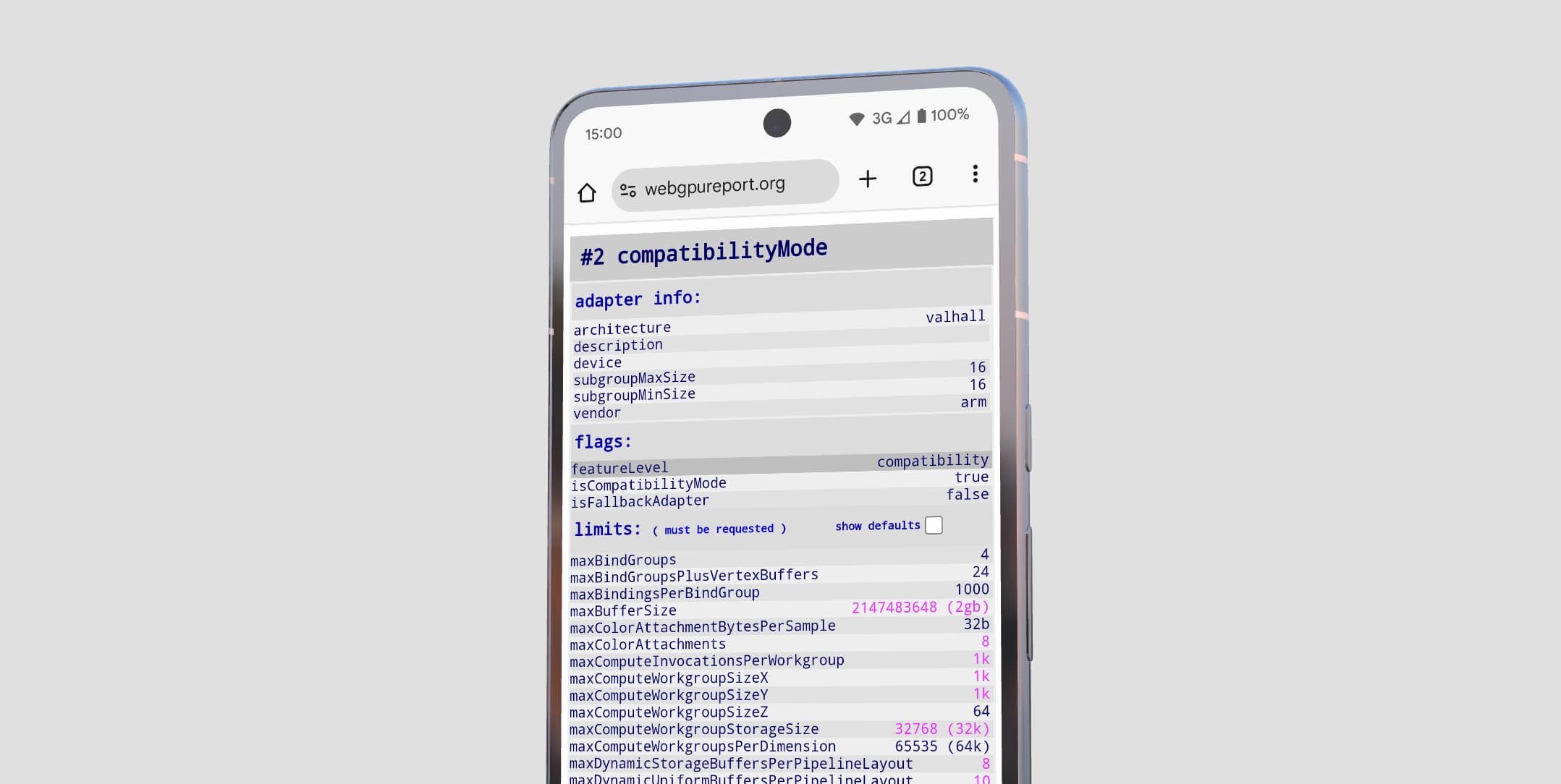 La página de informes de WebGPU muestra un GPUAdapter en modo de compatibilidad en un dispositivo Android.
