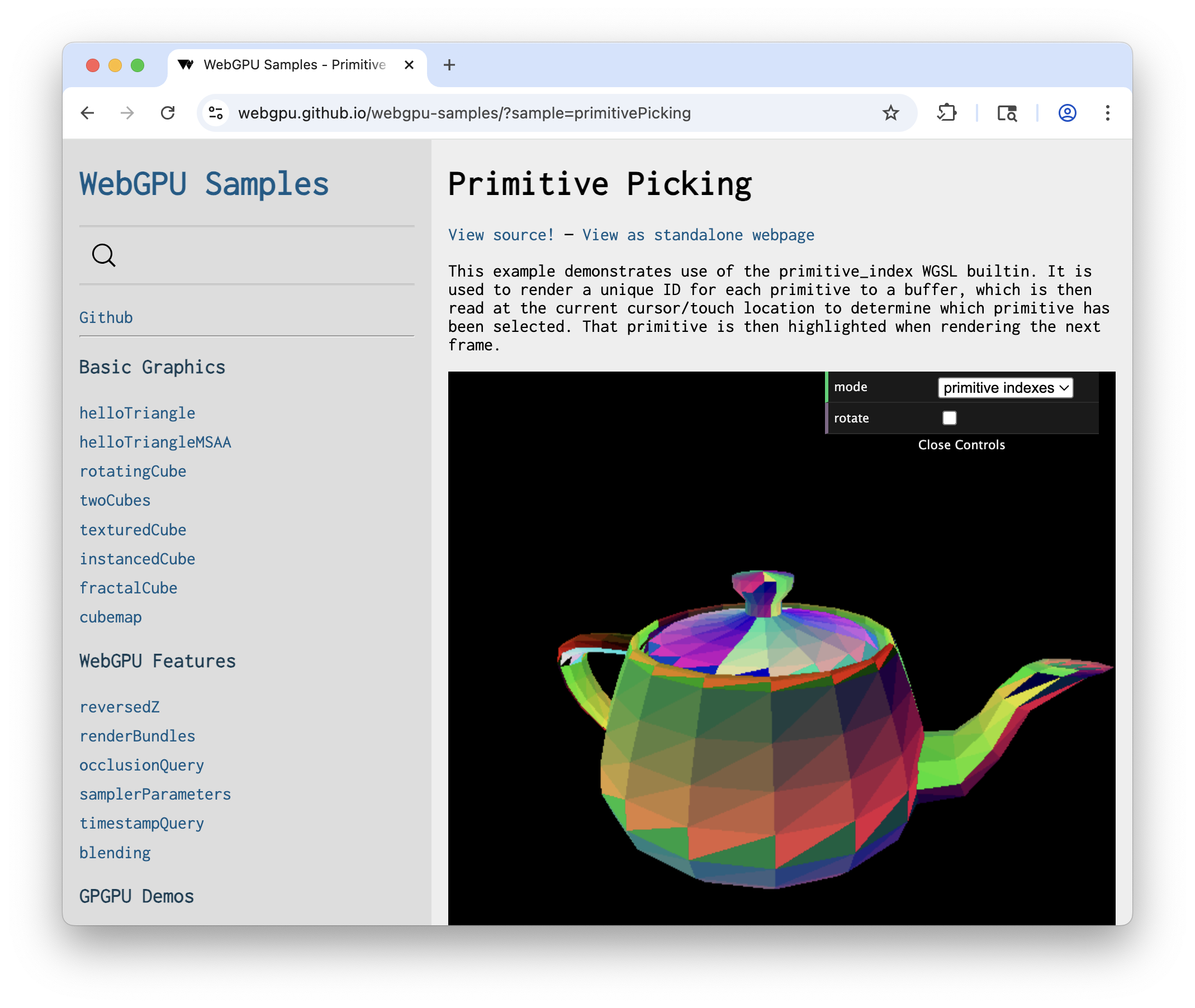 Die Dreiecke des 3D-Teekesselmodells sind entsprechend ihren primitiven Indexwerten gefärbt.