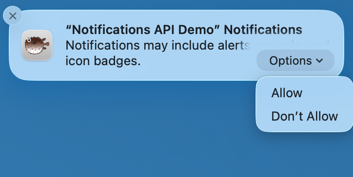 Okno dialogowe uprawnień systemowych w systemie macOS: „Nazwa PWA” chce wysyłać powiadomienia. Powiadomienia mogą zawierać alerty, dźwięki i plakietki na ikonach, a także przyciski Nie zezwalaj i Zezwalaj.
