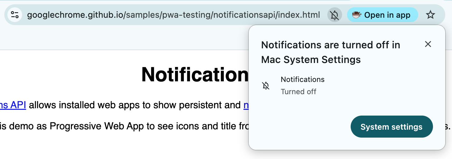 Invite dans l'application du navigateur informant l'utilisateur que les notifications sont désactivées dans les réglages système Mac, avec un bouton permettant d'y accéder.