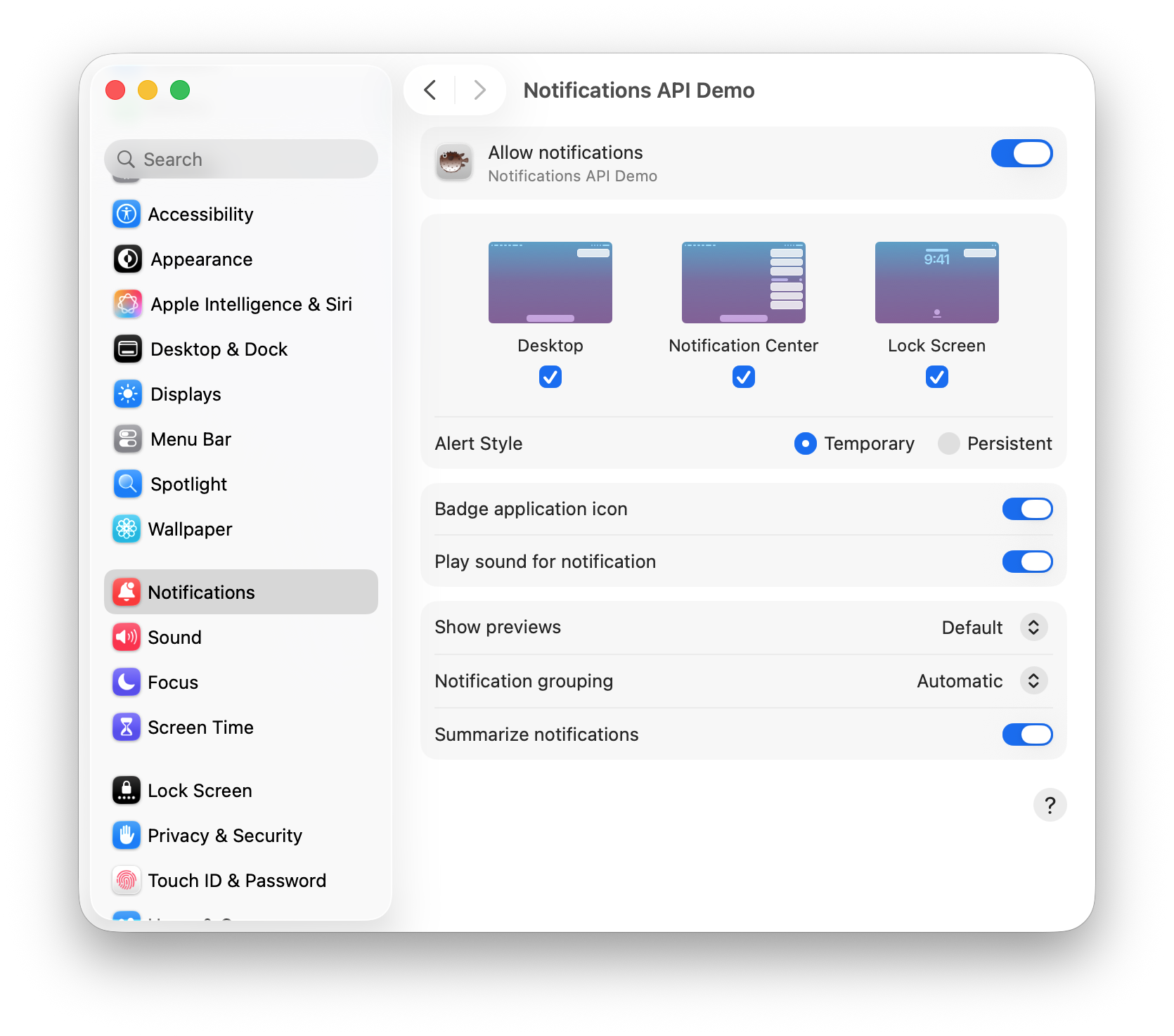 Le impostazioni di sistema di macOS, che evidenziano l'impostazione Stile avviso che mostra Temporaneo e Persistente.