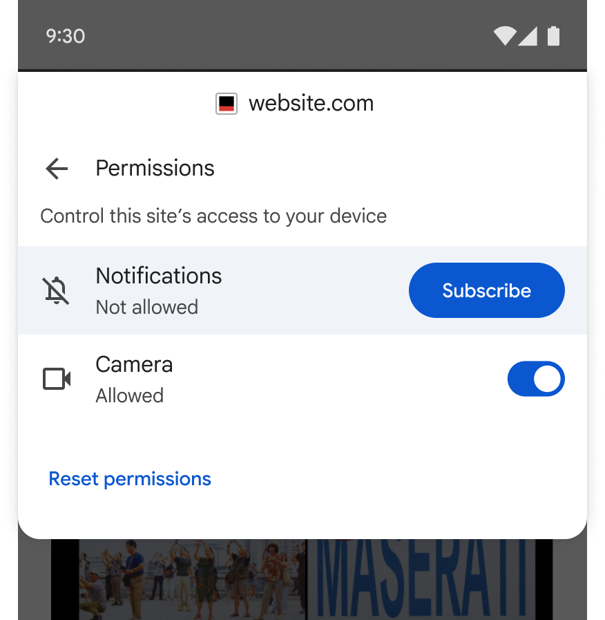 El diálogo de permisos con opciones para controlar las notificaciones y el uso de la cámara.