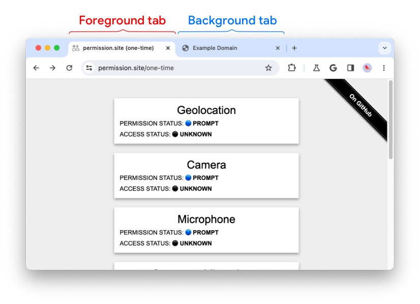 ภาพหน้าจอของหน้าต่างเบราว์เซอร์ที่ไฮไลต์แท็บที่ใช้งานอยู่ด้านหน้าและแท็บที่ไม่ได้ใช้งานอยู่เบื้องหลัง