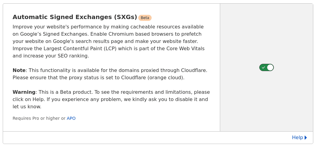 Panel de configuración de Cloudflare con casilla de verificación para habilitar los intercambios firmados automáticamente