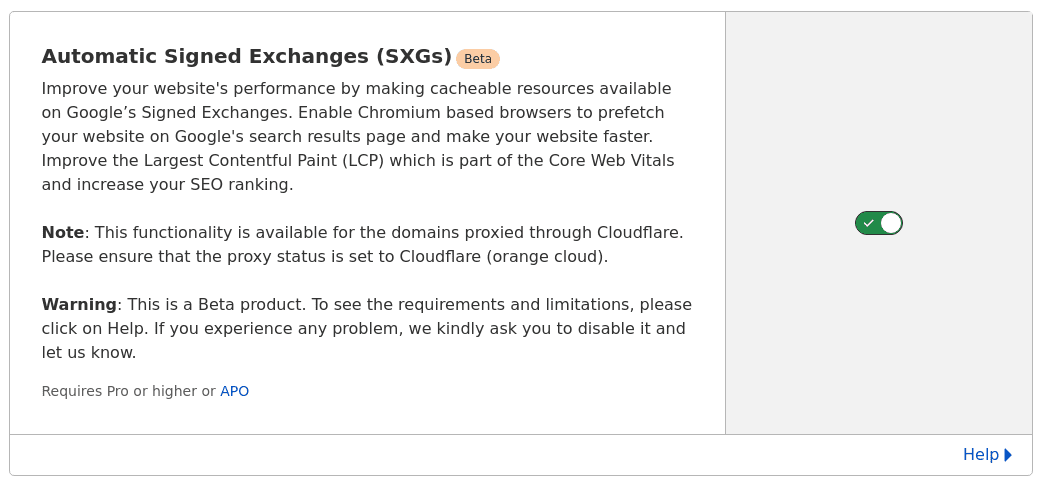 Cloudflare 設定面板，勾選用於啟用自動 Signed Exchange 的核取方塊