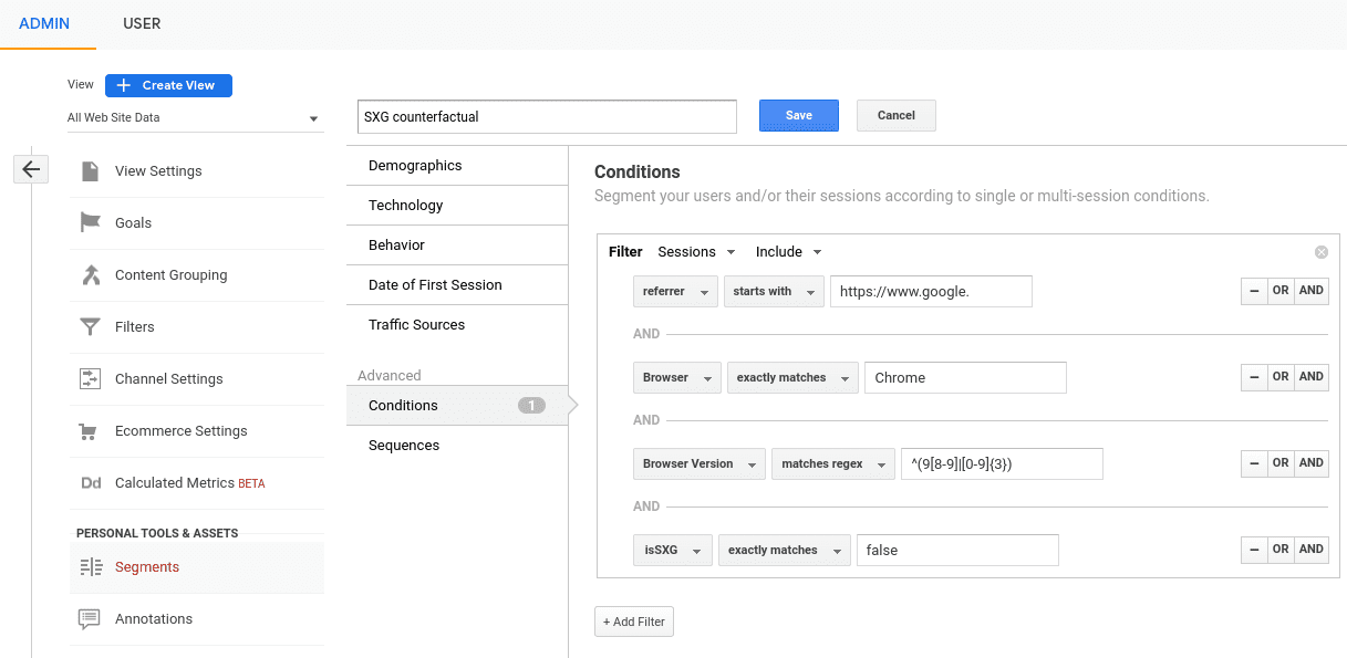 Google Analytics segment editor with recommended filters