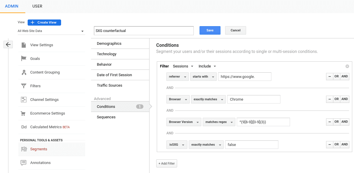 প্রস্তাবিত ফিল্টার সহ Google Analytics বিভাগ সম্পাদক