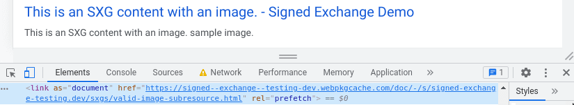 Hasil Google Penelusuran dengan DevTools yang menampilkan link dengan rel=fetch untuk webpkgcache.com